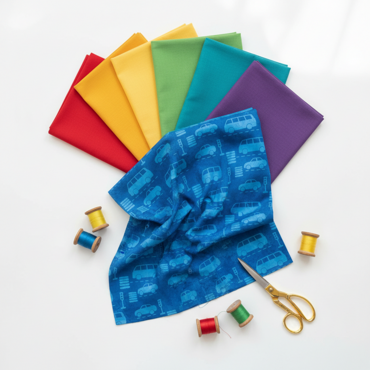 On the Go Automobiles Blue quilting cotton by Jason Yenter for In The Beginning Fabrics — draped as the hero in a lifestyle flat lay with solid-color fabric folds in red, yellow, green, teal, and purple, colorful thread spools, and gold scissors on a white surface. Coordinating fabrics and quilt patterns available at IraRobi Quilts.