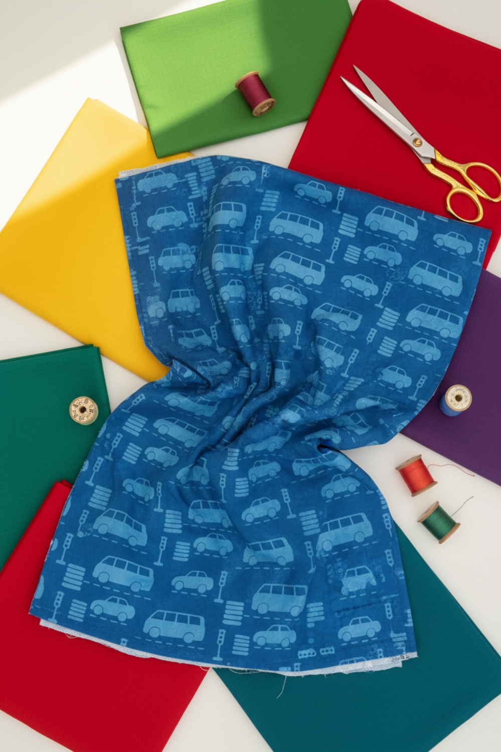 On the Go Automobiles Blue quilting cotton by Jason Yenter for In The Beginning Fabrics — vertical lifestyle flat lay with the cobalt-blue automobile print draped as the hero, surrounded by solid-color fabric folds in rainbow colors, thread spools, and gold scissors on a white surface. Coordinating fabrics and quilt patterns available at IraRobi Quilts.