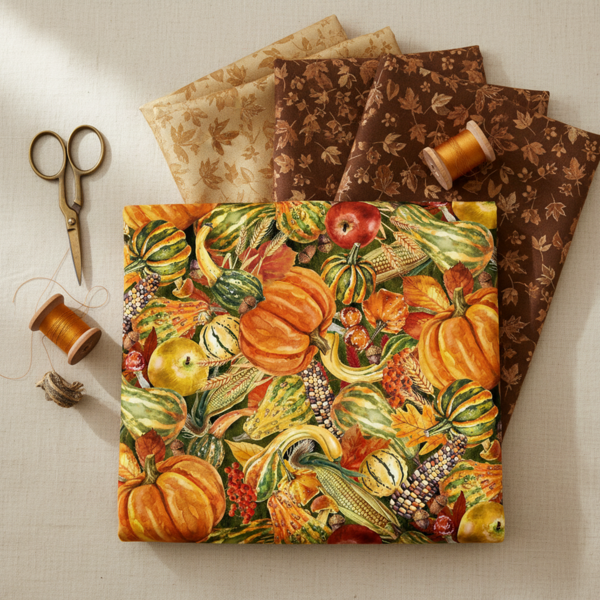 Autumn Celebration Multi Vegetables quilting cotton — flat lay hero fanned with coordinating autumn fabrics, brass scissors, and amber thread spools on a warm cream linen surface. Coordinating fabrics and quilt patterns available at IraRobi Quilts.