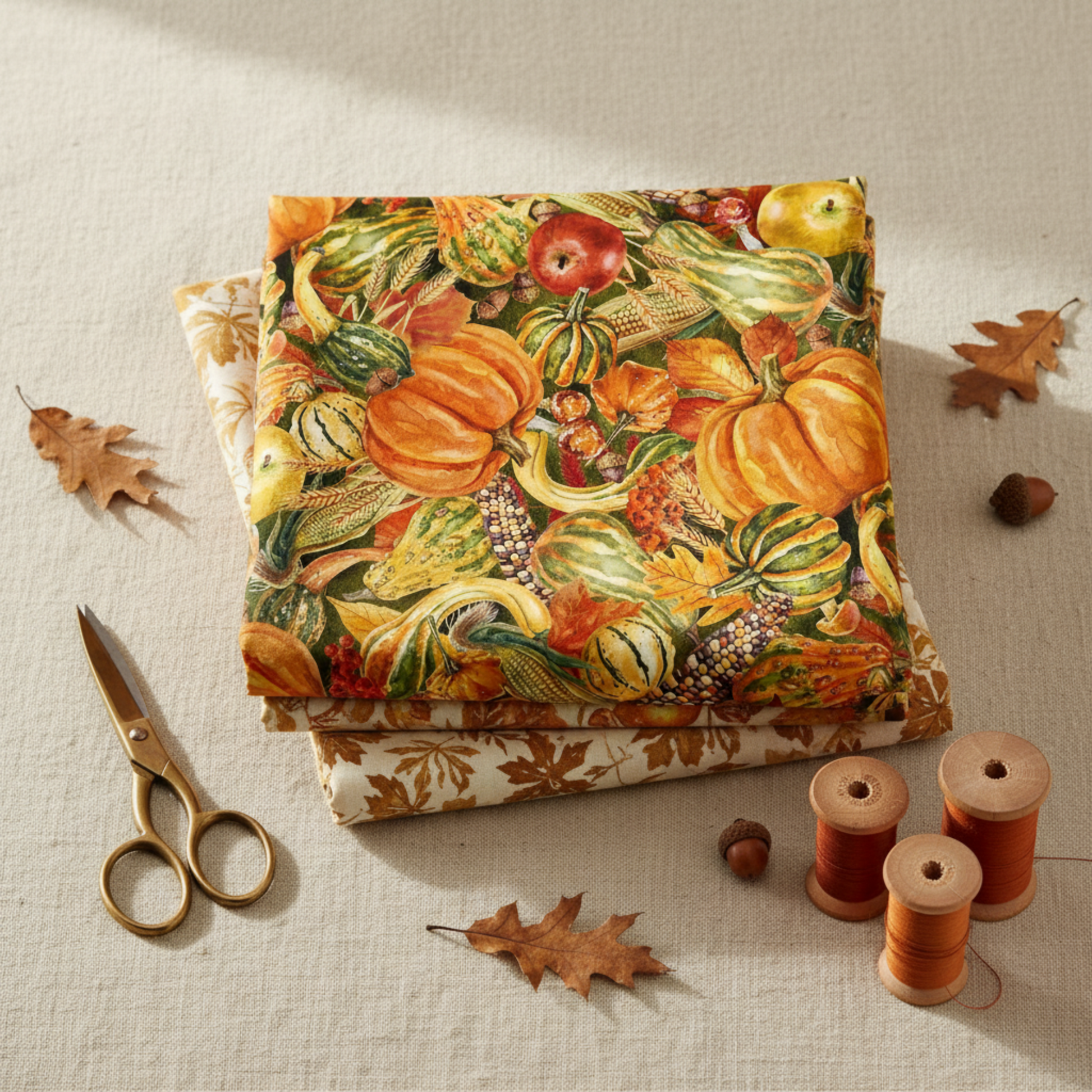 Autumn Celebration Multi Vegetables quilting cotton — folded as hero on a coordinating autumn fabric stack with brass scissors and amber thread spools on a warm cream linen surface. Coordinating fabrics and quilt patterns available at IraRobi Quilts.