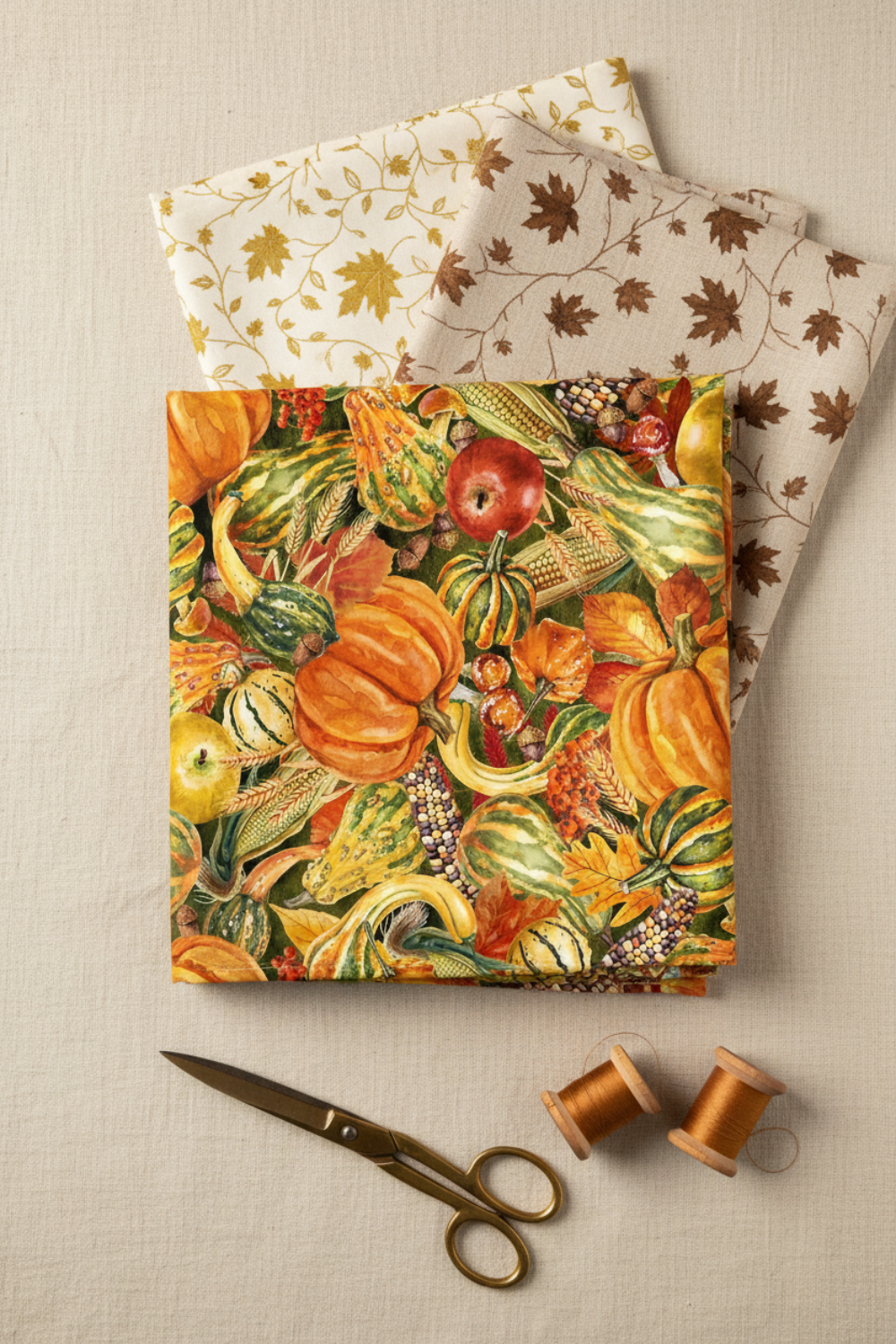 Autumn Celebration Multi Vegetables quilting cotton — vertical flat lay as hero fanned with coordinating autumn fabrics, brass scissors, and amber thread spools on a warm cream linen surface. Coordinating fabrics and quilt patterns available at IraRobi Quilts.