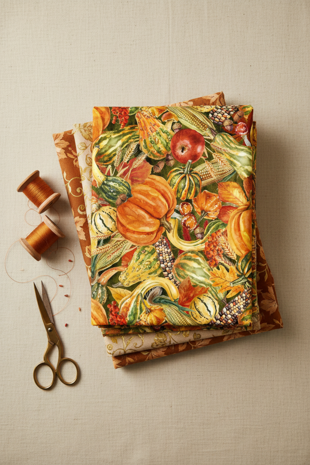Autumn Celebration Multi Vegetables quilting cotton — vertical flat lay folded as hero on a tall coordinating autumn fabric stack with brass scissors and amber thread spools on a warm cream linen surface. Coordinating fabrics and quilt patterns available at IraRobi Quilts.