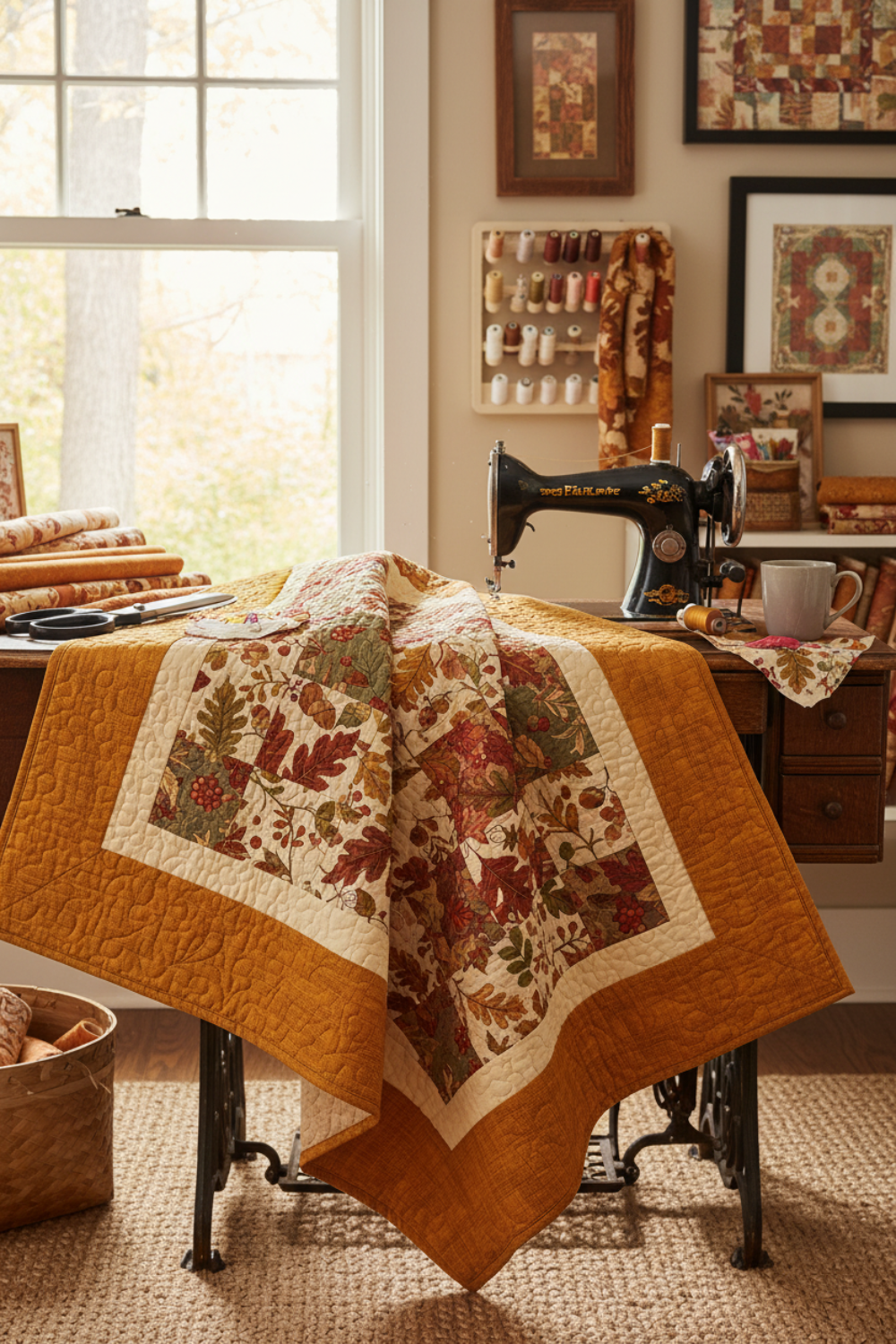 Interwoven Butterscotch Fabric by Jason Yenter for In The Beginning Fabrics as a wide quilted border and sashing in a framed autumn quilt draped over a vintage treadle sewing machine in a cozy sewing room. Quilt blocks shown for inspiration. Coordinating fabrics and quilt patterns are available at IraRobi Quilts.