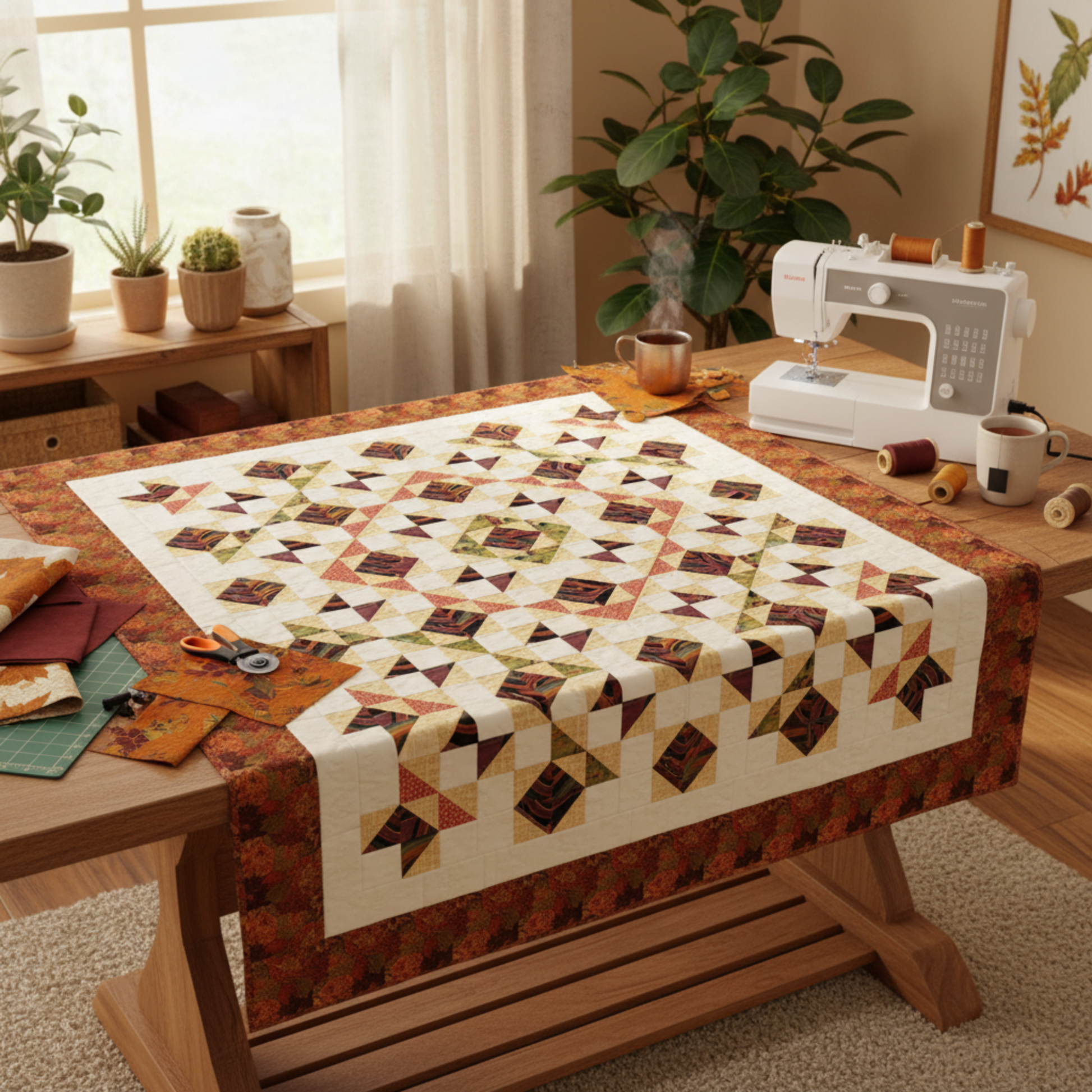 Interwoven Butterscotch Fabric by Jason Yenter for In The Beginning Fabrics featured as sashing, alternate squares, and border in an Autumn Vibes quilt top in progress on a sewing table. Quilt blocks shown for inspiration feature the Autumn Vibes Quilt Pattern by Michelle Renee Hiatt for Sew On The Go — available at IraRobi Quilts.