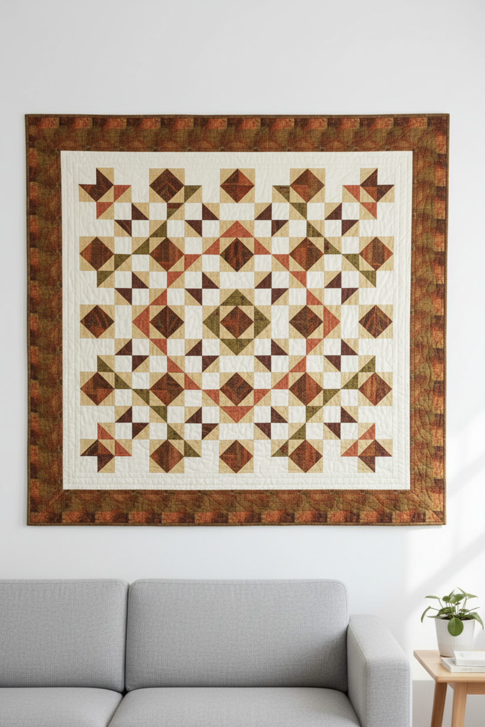 Autumn Vibes quilt with Interwoven Olive by Jason Yenter for In The Beginning Fabrics – radiating pinwheel medallion in warm olive, cream, rust and dusty rose with bold olive border. Autumn Vibes Quilt Pattern by Sew On The Go. Shop Interwoven Olive at IraRobi Quilts | #autumnvibes #quiltingfabric #olivefabric #interwoven #fallquilt #modernquilt