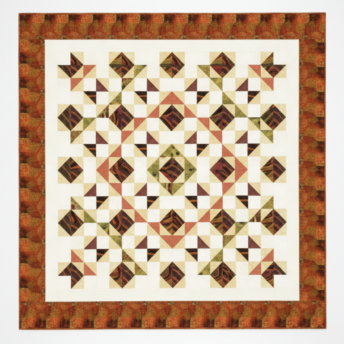 Autumn Vibes quilt made with Interwoven Olive by Jason Yenter for In The Beginning Fabrics – radiating pinwheel medallion HST blocks in warm olive, cream, rust and dusty rose with olive geometric crosshatch border, Autumn Vibes Quilt Pattern by Sew On The Go
