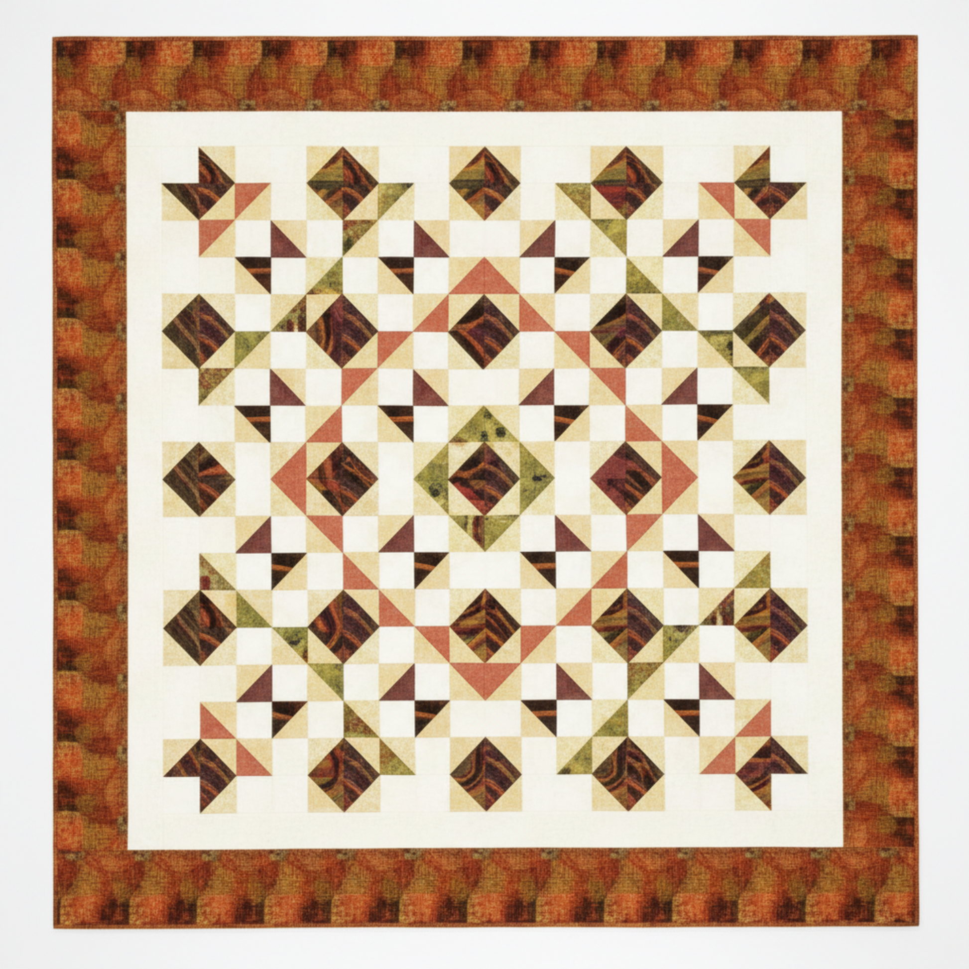 Autumn Vibes quilt made with Interwoven Olive by Jason Yenter for In The Beginning Fabrics – radiating pinwheel medallion HST blocks in warm olive, cream, rust and dusty rose with olive geometric crosshatch border, Autumn Vibes Quilt Pattern by Sew On The Go