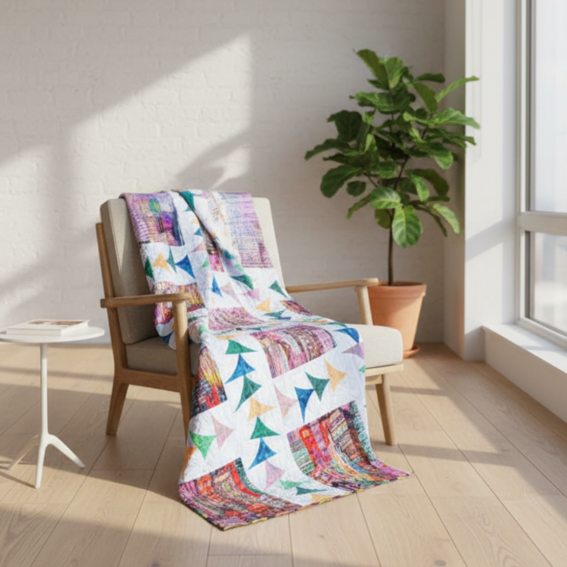 Colorful quilt draped over a chair in a bright room with a plant and small table.