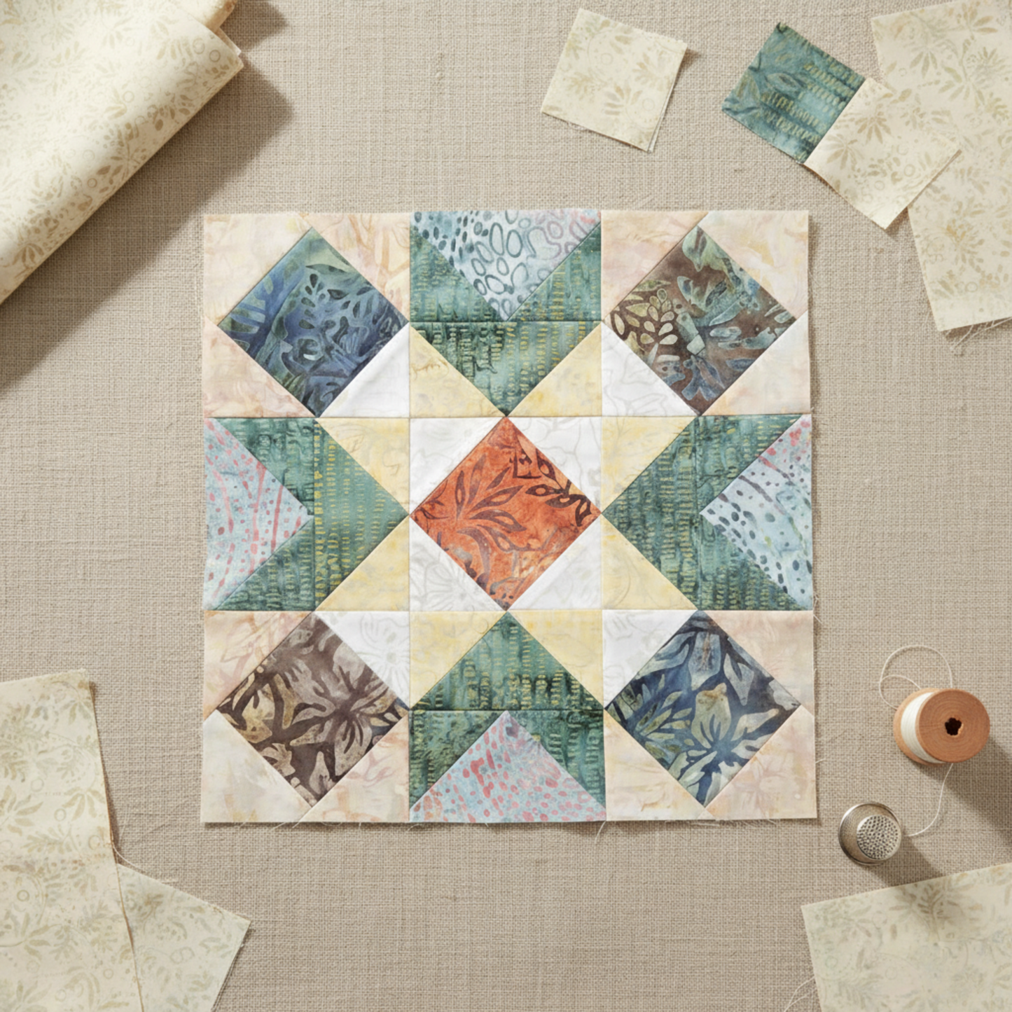 Quilting work-in-progress flat lay showing a Barn Star quilt block with Expressions Batiks Breathe Laurel fabric by Riley Blake Designs as the cream background – cream and ivory tonal batik with feathery fronds and leaf sprigs in soft sage green and taupe, with coordinating sage green, teal, and brown tonal batik star points and accent diamonds, loose cut fabric pieces, cream thread spool, and silver thimble on a warm linen surface