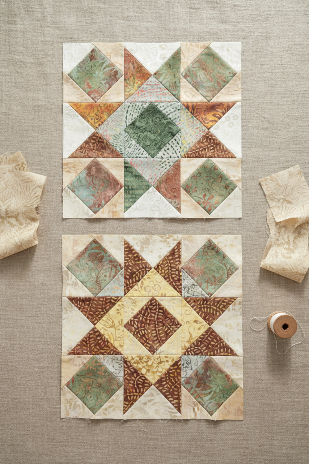 Quilting work-in-progress flat lay showing two Barn Star quilt blocks with Expressions Batiks Breathe Ecru fabric by Riley Blake Designs as the cream background – warm cream and ecru tonal batik with pine needle and feathery frond motif in soft taupe and golden-beige, with coordinating sage green, warm taupe, and muted terracotta tonal batik accent pieces, loose cut fabric pieces and cream thread spool on a warm linen surface