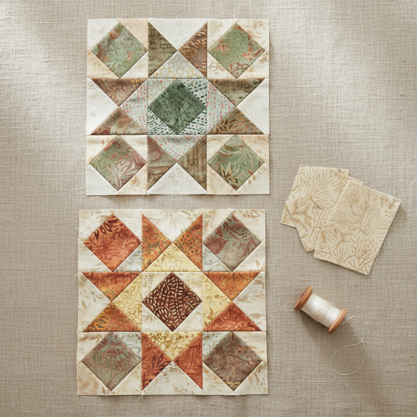 Quilting work-in-progress flat lay showing two Barn Star quilt blocks with Expressions Batiks Breathe Ecru fabric by Riley Blake Designs as the cream background – warm cream and ecru tonal batik with pine needle and feathery frond motif, with coordinating sage green, taupe, and terracotta tonal batik star points and accent diamonds, loose cut fabric pieces on a warm linen surface