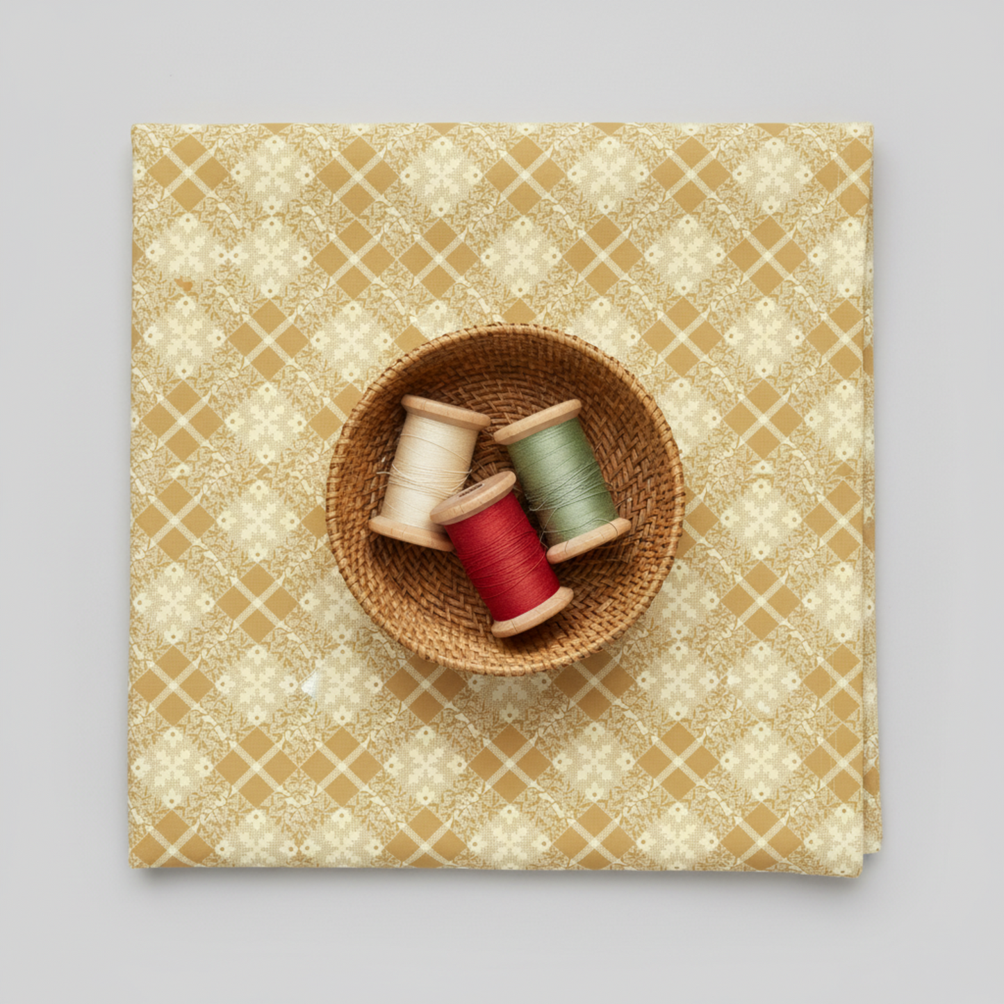 Golden Era Floral Plaid Tan quilting cotton by Paula Barnes for Marcus Fabrics — flat lay with wicker basket and thread bobbins in cream, red, and sage green, warm tan-gold ground with diagonal lattice and cream floral wreath motifs