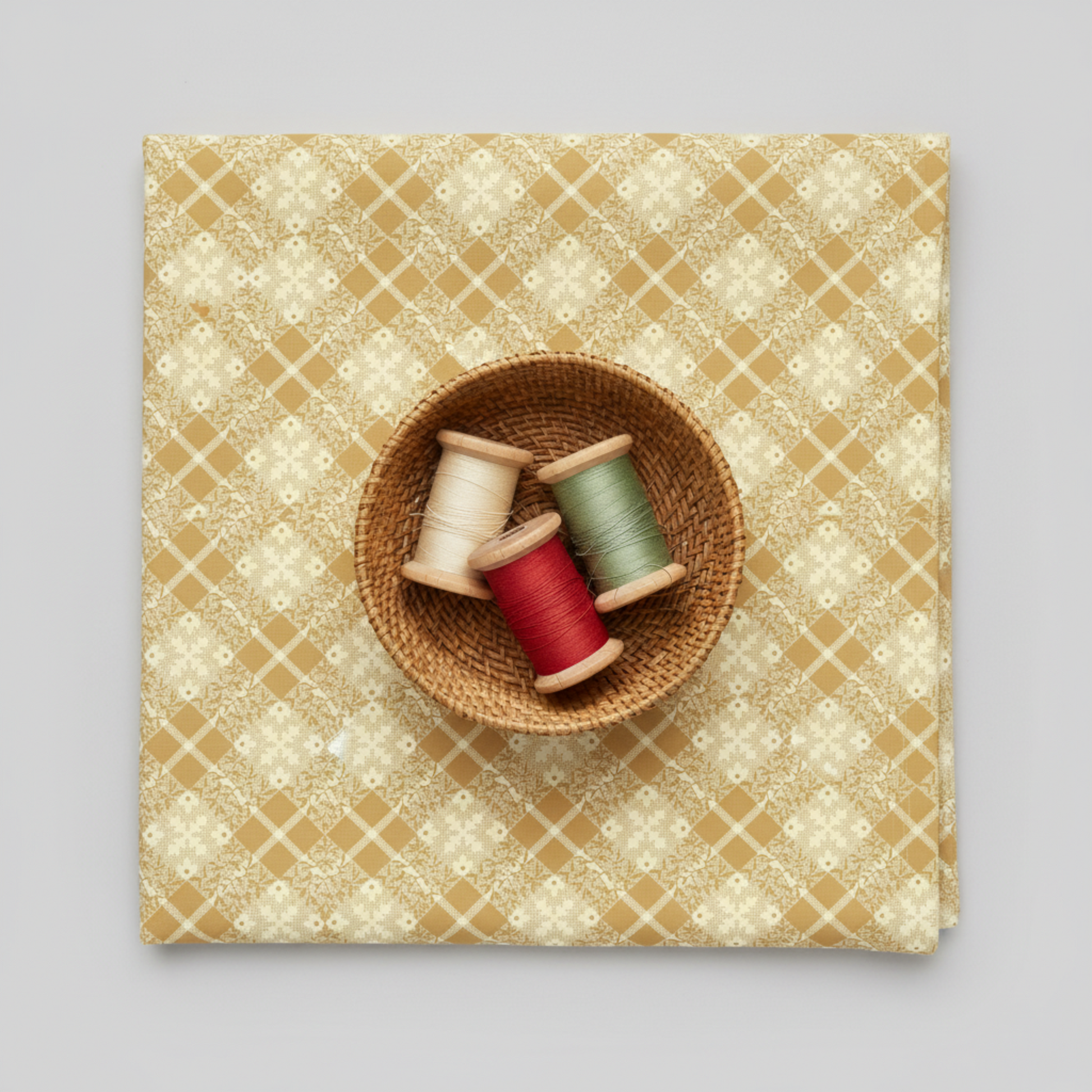 Golden Era Floral Plaid Tan quilting cotton by Paula Barnes for Marcus Fabrics — flat lay with wicker basket and thread bobbins in cream, red, and sage green, warm tan-gold ground with diagonal lattice and cream floral wreath motifs