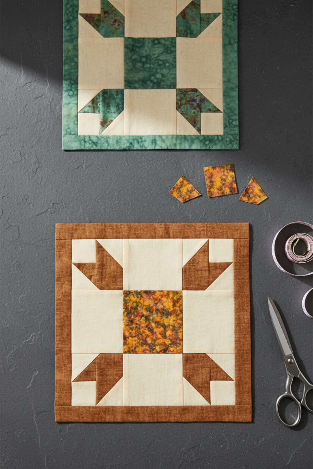 Bear's Paw quilt block work-in-progress featuring Expressions Batiks Hand-Dyes Orange Multi I fabric by Riley Blake Designs as the center square – complex multicolor hand-dyed batik with warm golden amber-orange, olive green, slate blue-grey, and burnt red-orange, with warm brown tonal batik border and accent triangles on cream background, loose cut fabric pieces, tape measure, and scissors on dark grey concrete surface