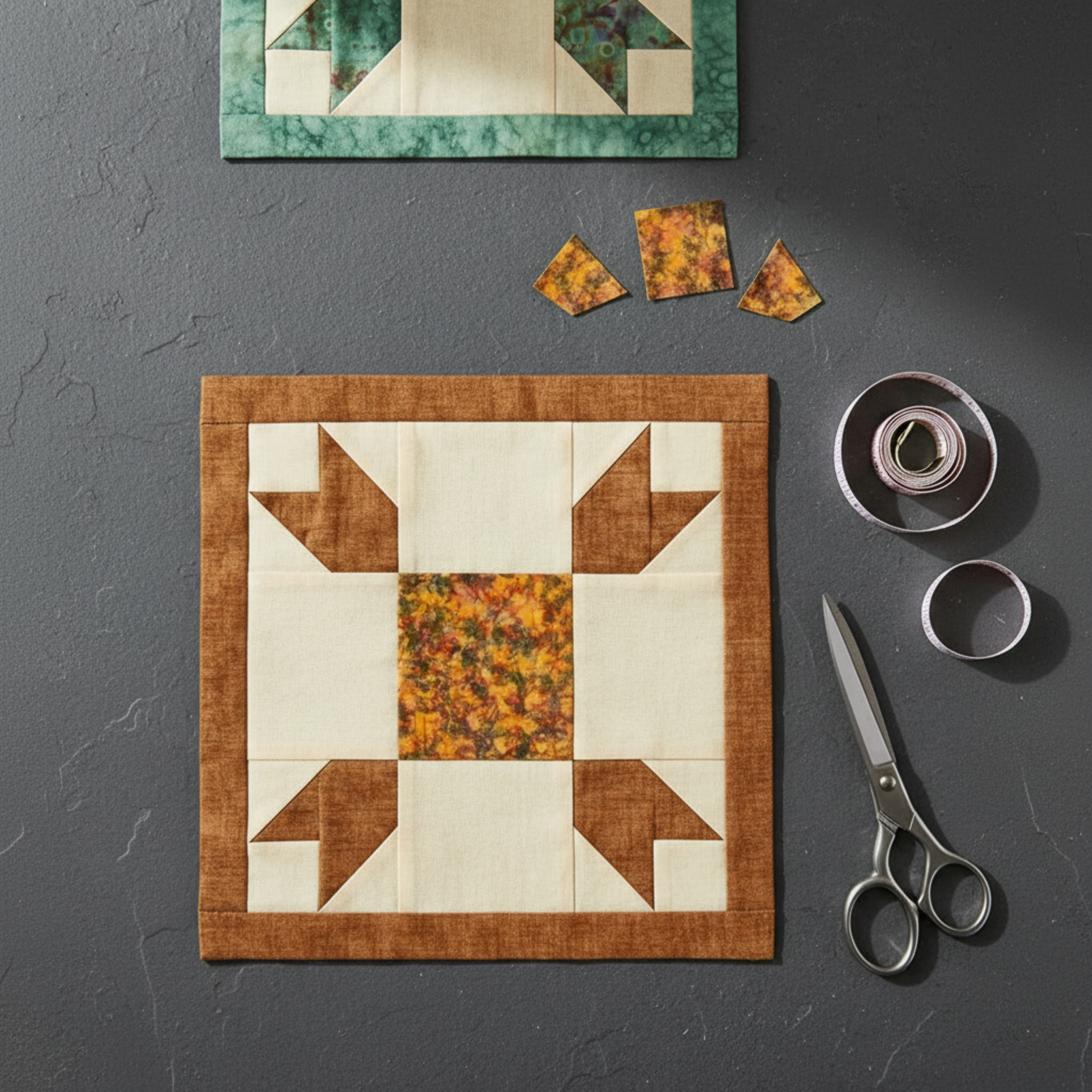 Bear's Paw quilt block close-up featuring Expressions Batiks Hand-Dyes Orange Multi I fabric by Riley Blake Designs as the center square – complex multicolor hand-dyed batik with warm golden amber-orange, olive green, slate blue-grey, and burnt red-orange, with warm brown tonal batik border and accent triangles on cream background, loose cut fabric pieces, two tape measure rolls, and scissors on dark grey concrete surface