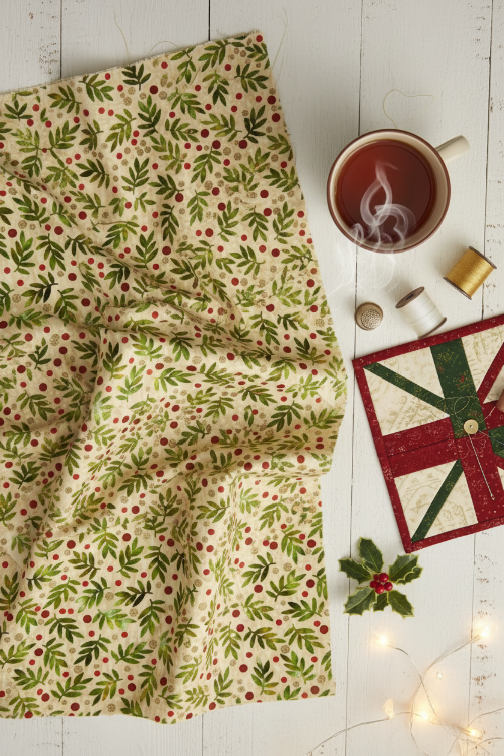 Winter Solstice II Beige Twigs Metallic Fabric by Jason Yenter for In The Beginning Fabrics — draped and folded on a white wooden surface alongside a partially sewn quilt block, gold metallic thread spools, holly sprigs, and a mug of tea, with fairy lights in the background. Coordinating fabrics and quilt patterns are available at IraRobi Quilts.