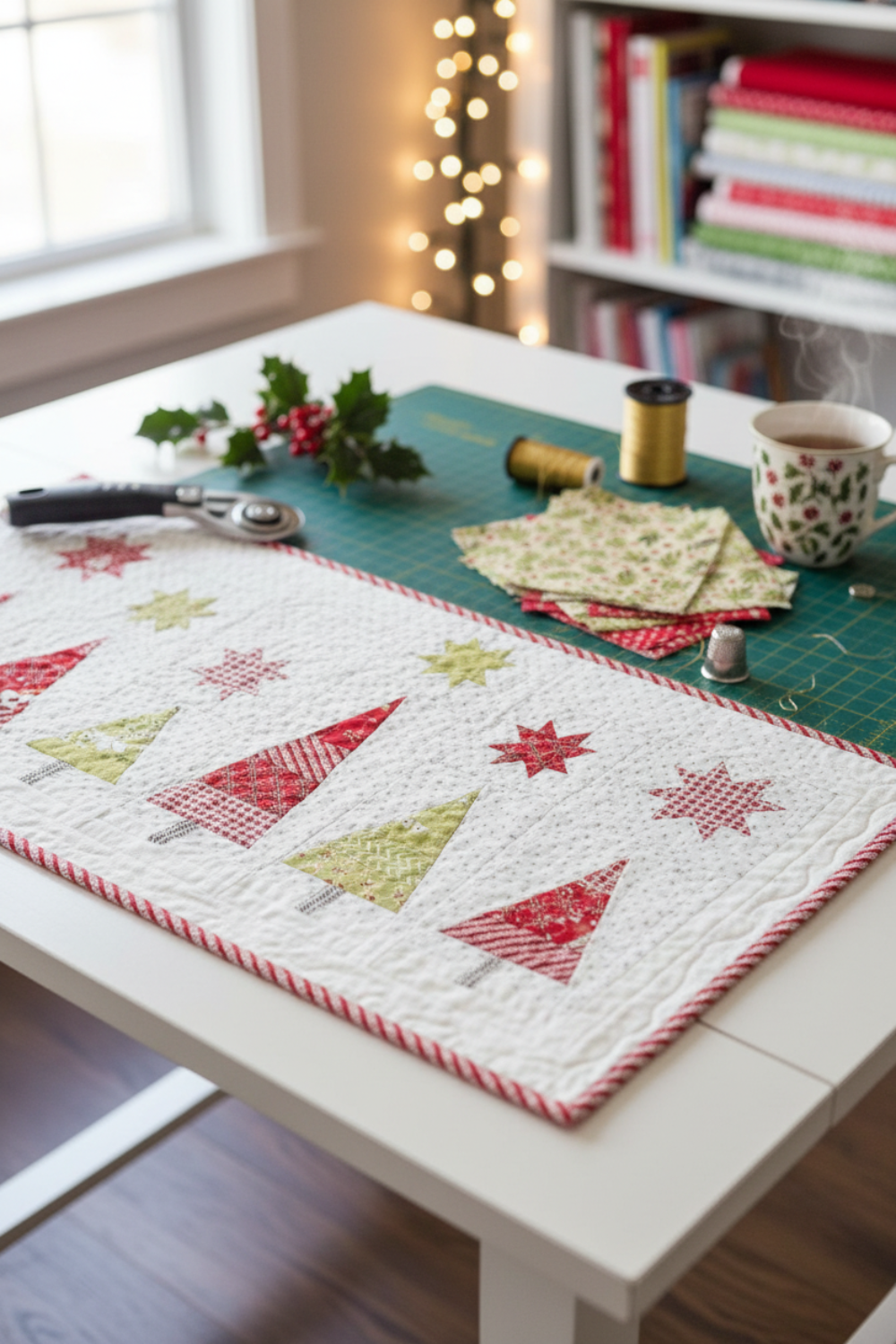 Winter Solstice II Beige Twigs Metallic Fabric by Jason Yenter for In The Beginning Fabrics — shown as the Christmas tree fabric in a Snowy Pines Table Runner by Margot Languedoc for The Pattern Basket work in progress in a cozy holiday sewing room with fairy lights, rotary cutter, gold metallic thread spools, holly sprigs, and a mug of tea. Quilts shown for inspiration feature the Snowy Pines Table Runner by Margot Languedoc for The Pattern Basket — available at IraRobi Quilts.