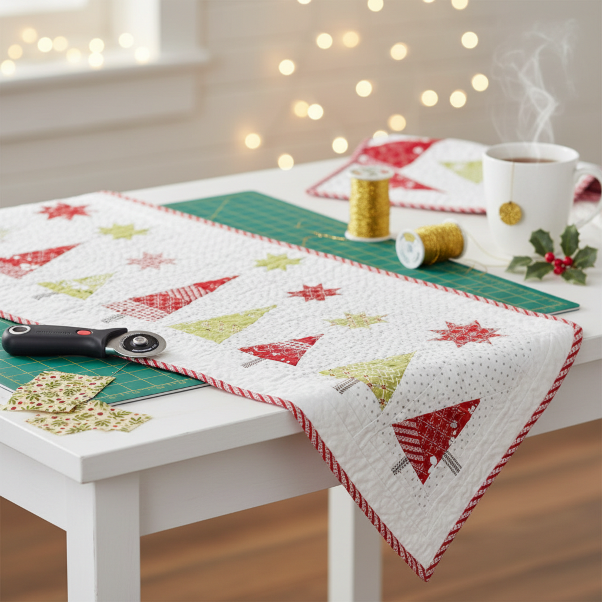 Winter Solstice II Beige Twigs Metallic Fabric by Jason Yenter for In The Beginning Fabrics — shown as the Christmas tree fabric in a Snowy Pines Table Runner by Margot Languedoc for The Pattern Basket work in progress on a cutting table, with coordinating red holiday prints, rotary cutter, gold metallic thread spools, holly sprigs, and a mug of tea in a cozy holiday sewing room. Quilts shown for inspiration feature the Snowy Pines Table Runner by Margot Languedoc for The Pattern Basket — available at IraRo