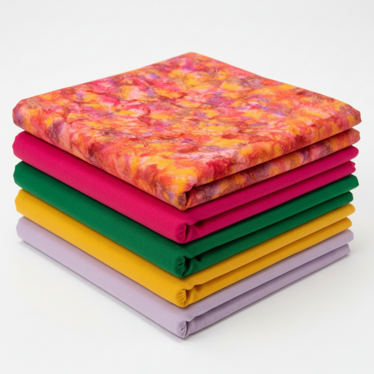 Five coordinating Expressions Batiks Hand-Dyes fabrics by Riley Blake Designs in a neat folded stack – Bouquet multicolor golden orange, hot pink, magenta, crimson, and lavender on top, with Begonia hot pink, Amazon jungle green, golden yellow, and soft lavender tonal batiks below – 100% cotton