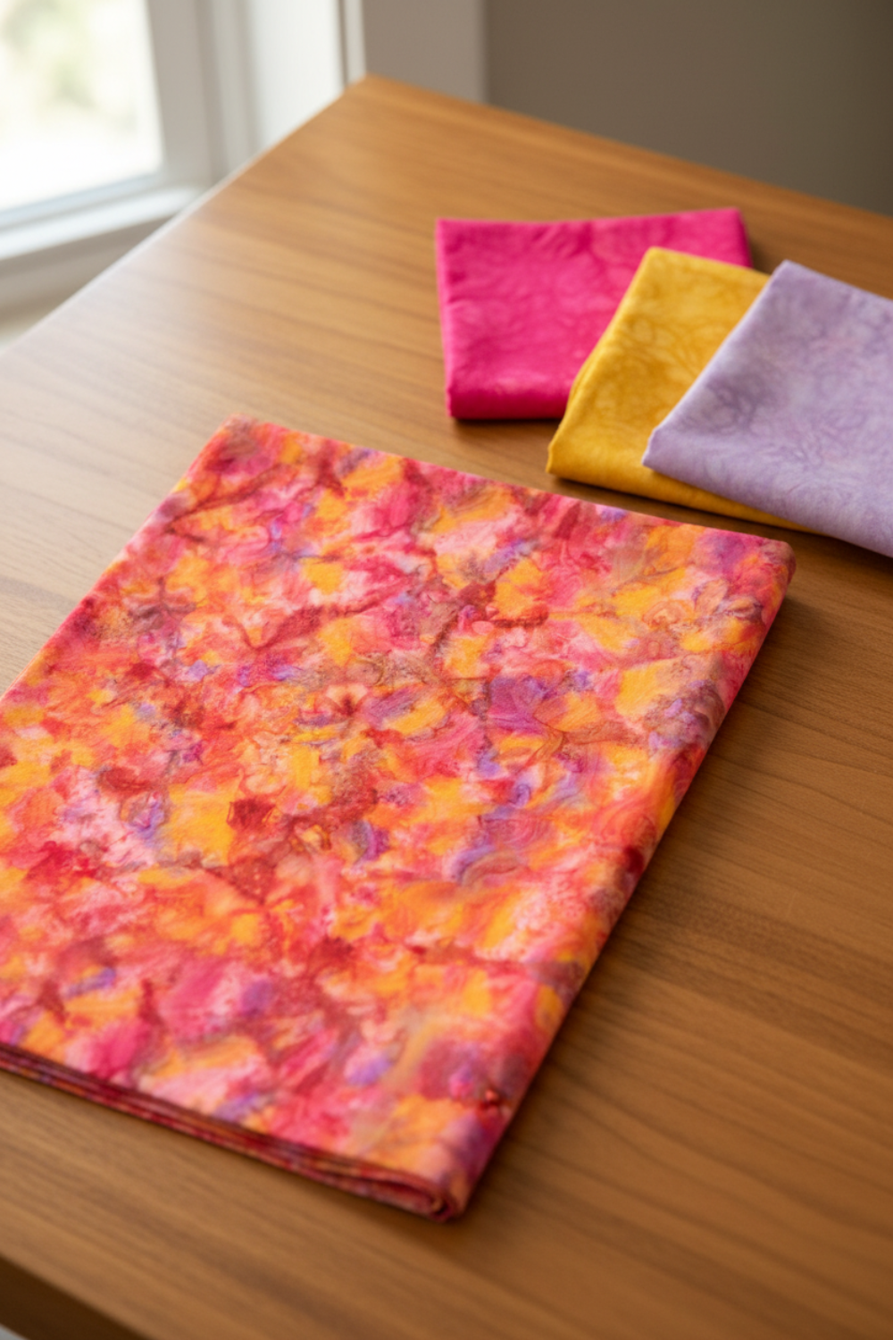 Expressions Batiks Hand-Dyes Bouquet fabric by Riley Blake Designs folded on a warm wood surface with coordinating hot pink, golden yellow, and soft lavender tonal batik swatches nearby – vibrant multicolor hand-dyed batik with golden orange base and bold splashes of hot pink, magenta, crimson, and lavender, perfect for floral and scrappy quilts, 100% cotton batik