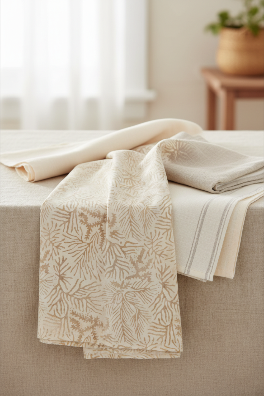 Expressions Batiks Breathe Ecru fabric by Riley Blake Designs draped and folded on a light linen surface with coordinating warm neutral and cream batik fabrics – warm cream tonal batik with pine needle and feathery frond motif, a refined neutral blender perfect for modern, coastal, and nature-themed quilts, 100% cotton batik