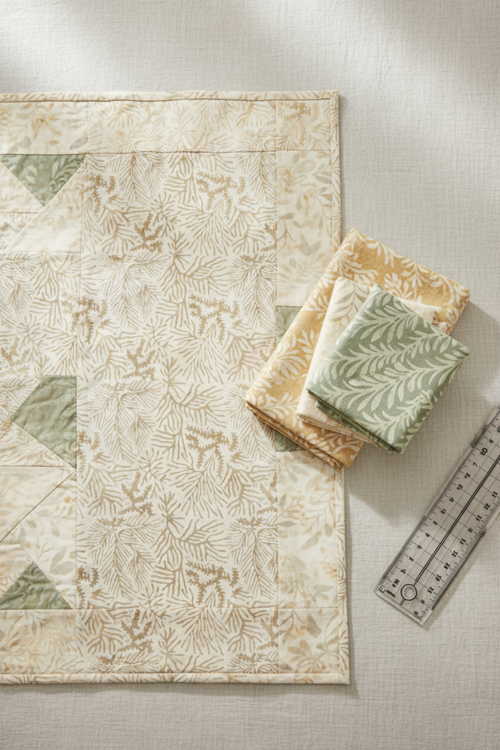 Modern quilt project flat lay featuring Expressions Batiks Breathe Ecru by Riley Blake Designs as background fabric with coordinating soft sage green and warm cream tonal batik fabrics in the pieced blocks, with folded fabric and quilting ruler – 100% cotton batik