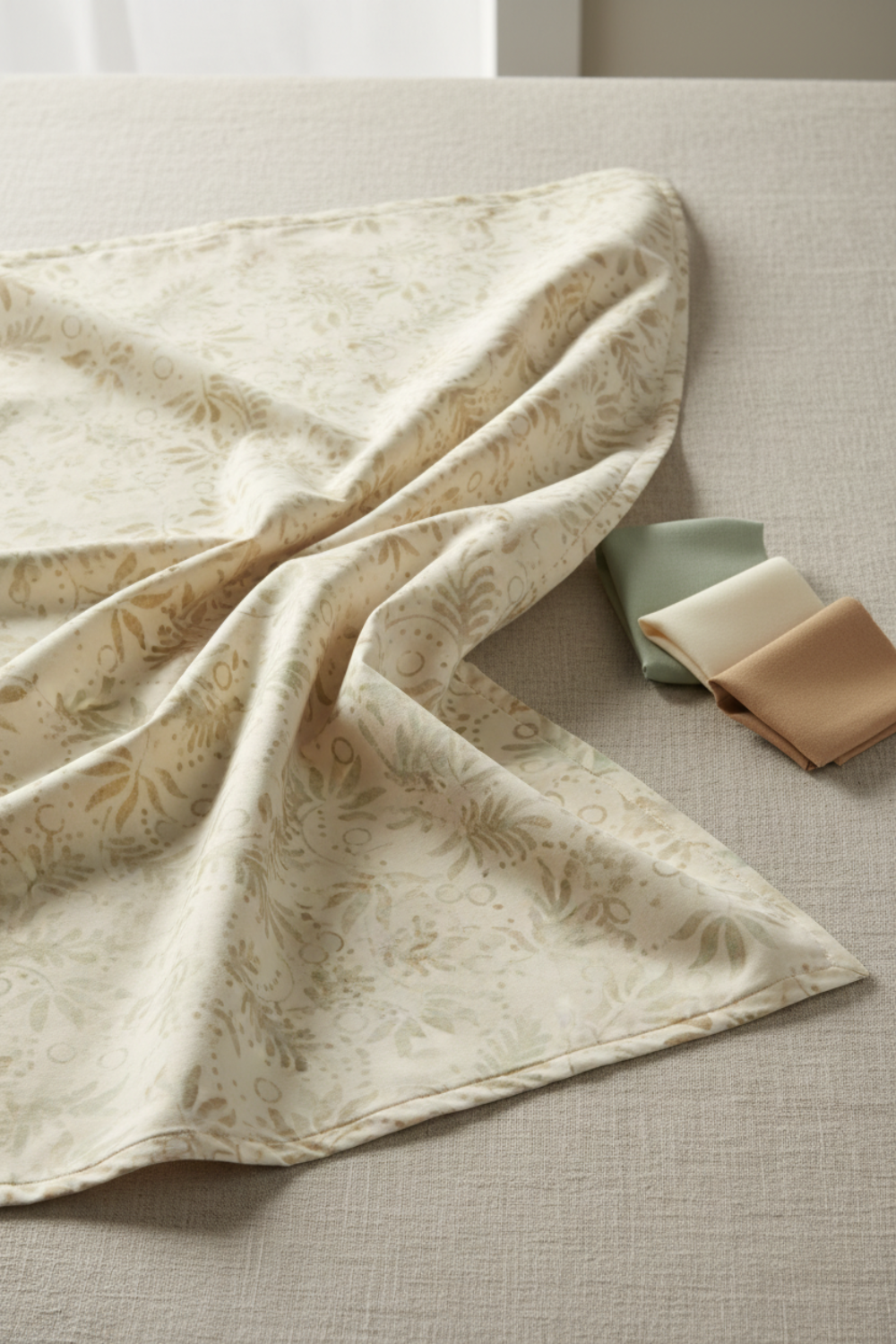 Expressions Batiks Breathe Laurel fabric by Riley Blake Designs draped on a warm linen surface with small folded coordinating sage green, cream, and taupe batik swatches nearby – cream and ivory tonal batik with feathery fronds and leaf sprigs, a sophisticated botanical blender perfect for nature-inspired and soft palette quilts, 100% cotton batik