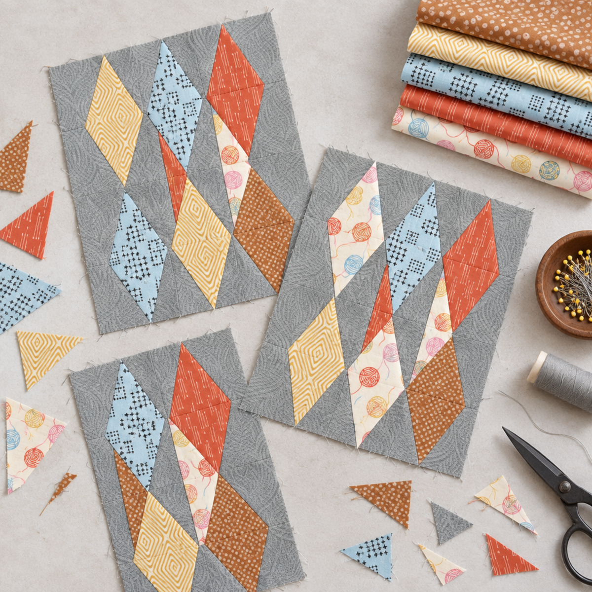 Quilt blocks from the Bright Diamonds pattern by Zen Chic, pieced with Lazy Afternoon Bronze fabric by Zen Chic for Moda Fabrics and coordinating prints, shown beside a folded fabric stack with pins and scissors. Quilt blocks shown for inspiration. Coordinating fabrics and quilt patterns are available at IraRobi Quilts.