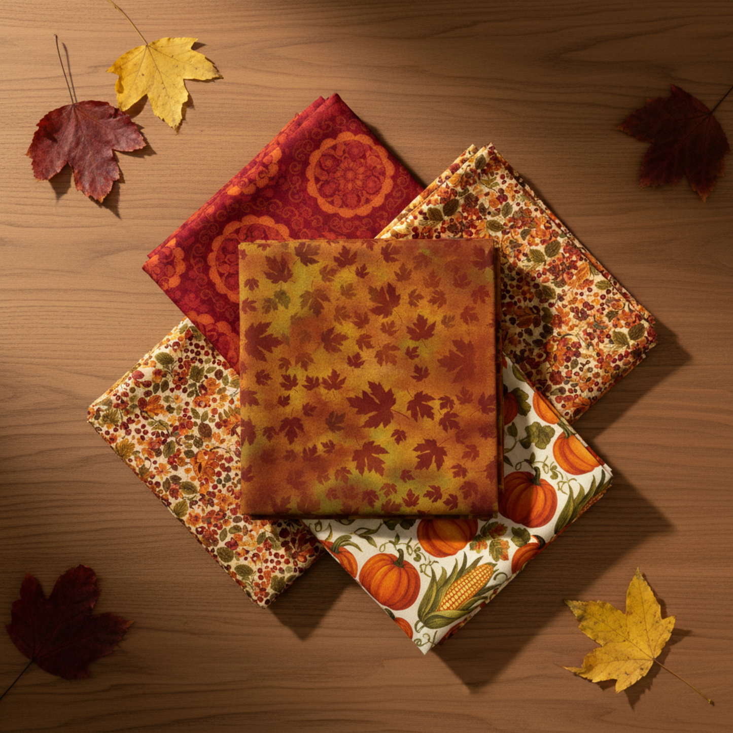 Autumn Celebration Brown Maple Leaves tonal blender fabric by Jason Yenter for In The Beginning Fabrics — folded fat quarter centered in a fan-style coordination stack with other Autumn Celebration collection fabrics on a warm wood surface, styled with scattered fall maple leaves. 100% cotton quilting fabric.