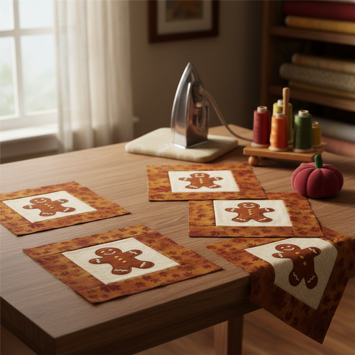 Work-in-progress quilt blocks using Autumn Celebration Brown Maple Leaves fabric by Jason Yenter as border — gingerbread person appliqué blocks on cream backgrounds with dark burgundy maple leaf tonal border strips laid out on a sewing table. Iron and thread spools in background. Quilts shown for inspiration. Coordinating fabrics and quilt patterns available at IraRobi Quilts.