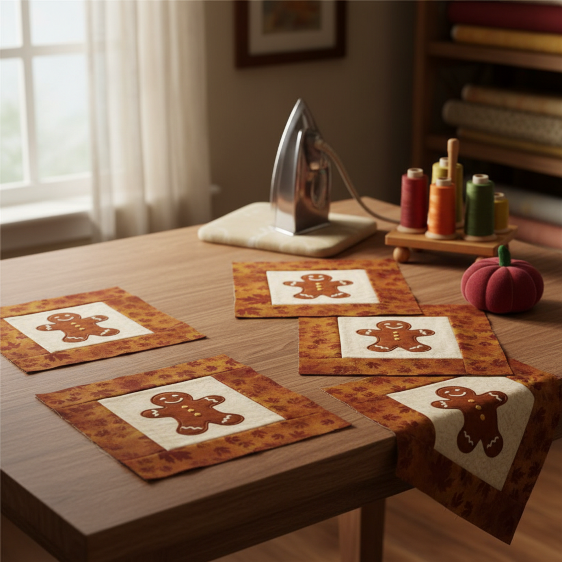 Work-in-progress quilt blocks using Autumn Celebration Brown Maple Leaves fabric by Jason Yenter as border — gingerbread person appliqué blocks on cream backgrounds with dark burgundy maple leaf tonal border strips laid out on a sewing table. Iron and thread spools in background. Quilts shown for inspiration. Coordinating fabrics and quilt patterns available at IraRobi Quilts.