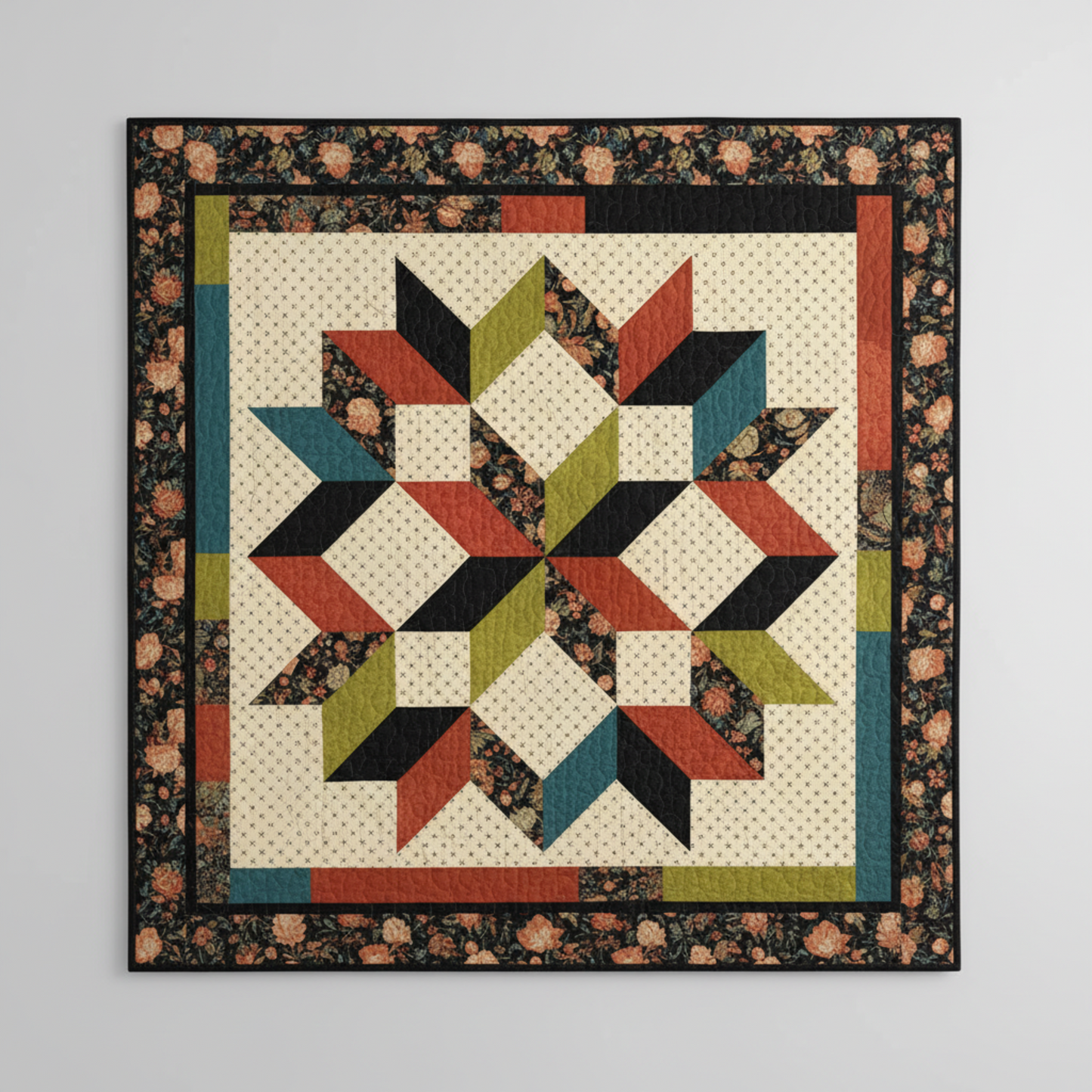 Scraps of Kindness Cream Nine Patch Boxes Fabric by Kim Diehl for Henry Glass — shown as the background fabric in the Carpenter's Star Bali Sky Revised Quilt Pattern, large central star design in jewel-tone teal, olive, rust, and black with a dark floral border. Quilts shown for inspiration feature the Carpenter's Star Bali Sky Revised Quilt Pattern — available at IraRobi Quilts.