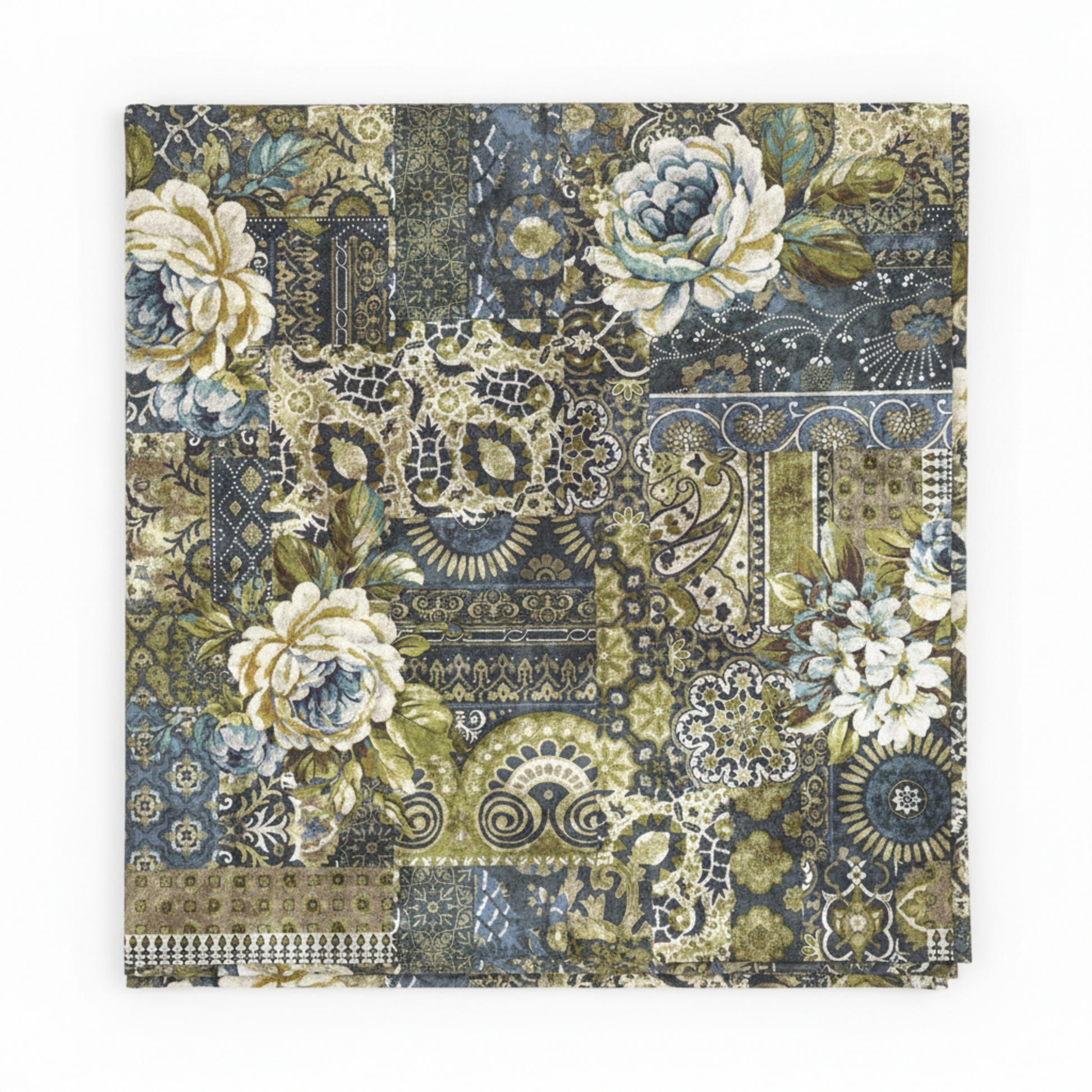 Carpet Bag Romance Blue Carpet quilting cotton fabric folded to show large-scale antique carpet patchwork – oversized ivory roses, paisley medallions, scrollwork, and lace motifs in charcoal, olive green, gold, and cream by Jason Yenter for In The Beginning Fabrics, 100% cotton, 3 yard cut