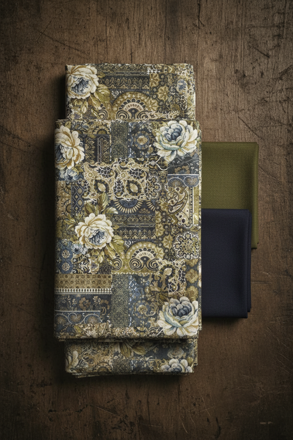 Carpet Bag Romance Blue Carpet fabric by Jason Yenter for In The Beginning Fabrics folded on a dark wood surface – large-scale antique carpet patchwork with oversized ivory roses, ornate paisley medallions, and scrollwork in charcoal, olive green, gold, and cream, perfect for vintage and statement quilt projects, 100% cotton, 3 yard cut