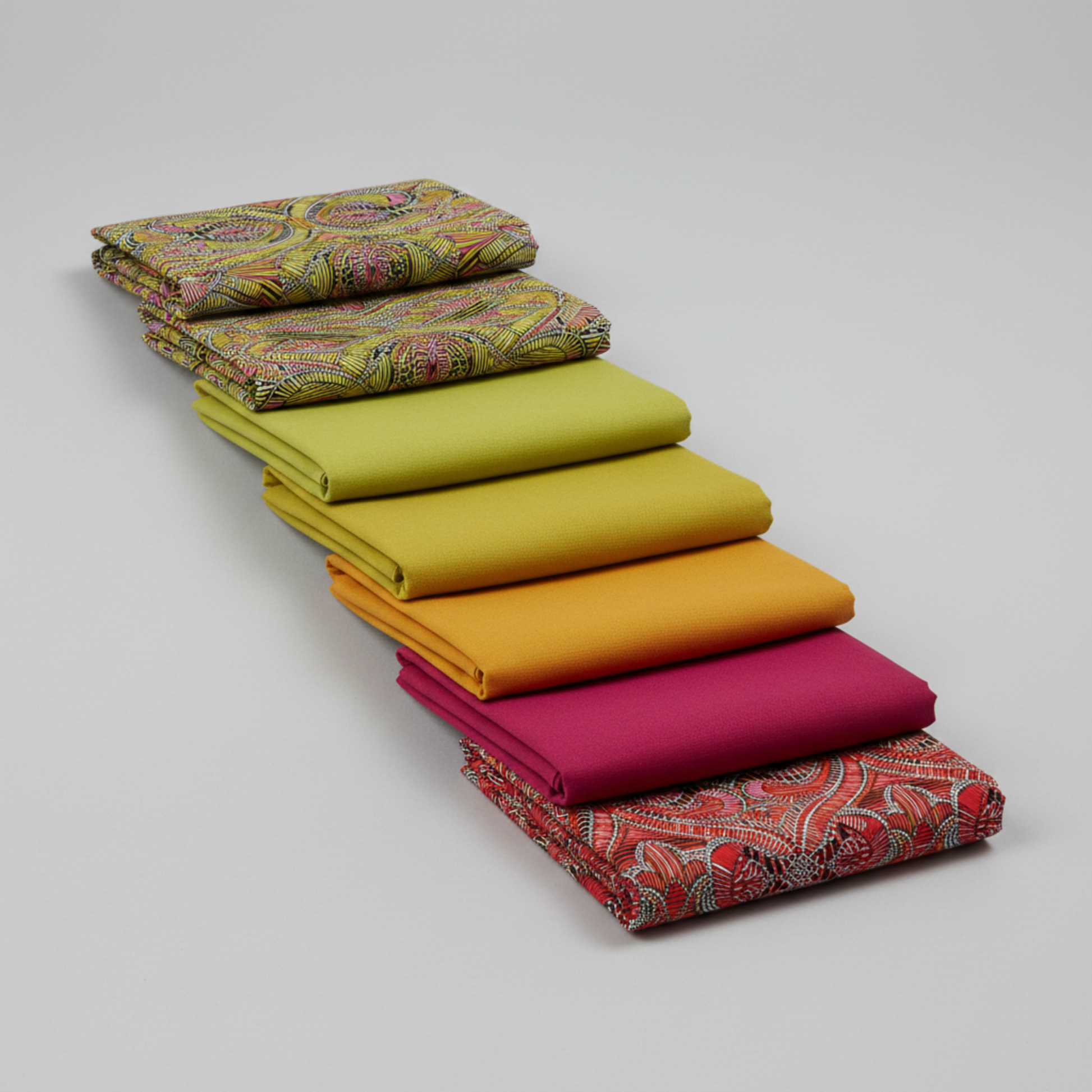 What If Good Vibes Gold/Multi fabric in cascading staircase with Interwoven Citron, Marigold, Magenta and Radio Star Red/Multi — color palette by Paula Nadelstern for Benartex