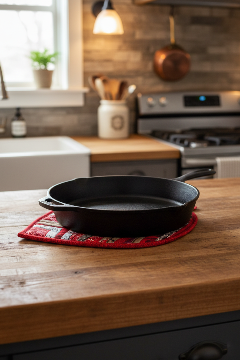 Handmade Christmas Red quilted leaf hot pad under a cast iron skillet – shop at IraRobi Quilts | #handmadekitchen #hotpad #quilted"