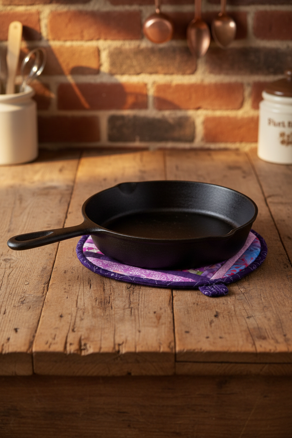 Handmade Lavender Garden quilted leaf hot pad under a cast iron skillet | IraRobi Quilts #handmadekitchen #hotpad #quilted