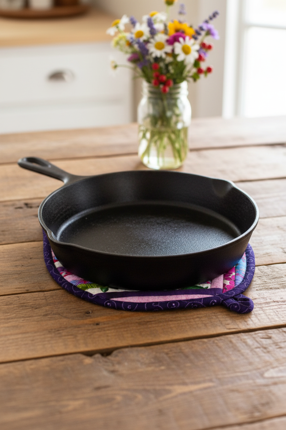 Handmade Indigo Berry quilted leaf hot pad under a cast iron skillet with wildflowers | IraRobi Quilts #handmadekitchen #hotpad #farmhouse