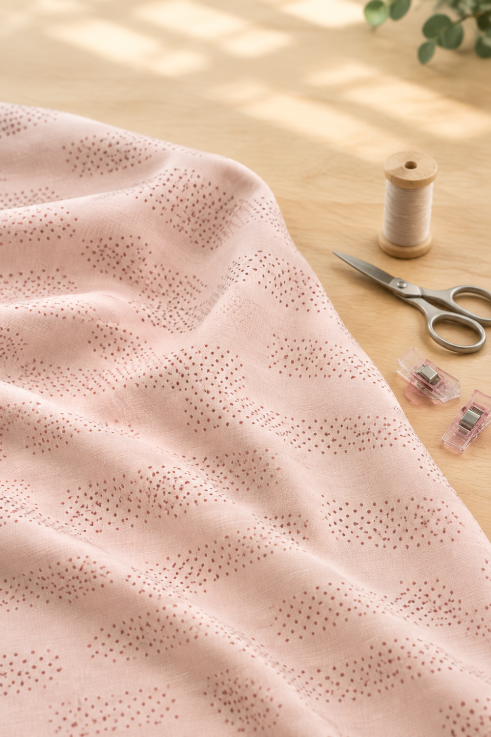 Celestial Washi Rose Quartz fabric draped across a sewing table beside thread, scissors, and fabric clips.