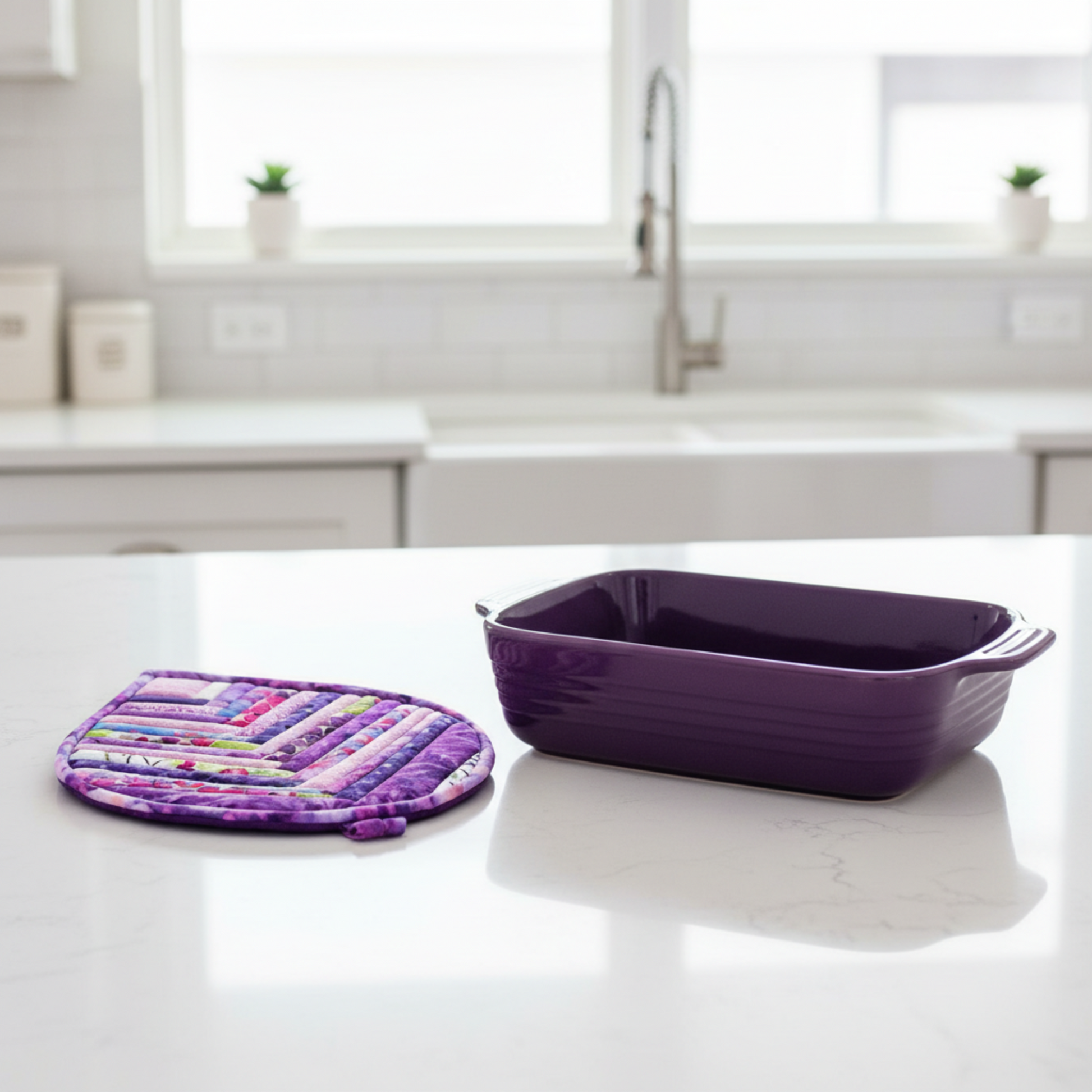Leaf-Shaped Quilted Hot Pad – Violet Jewel beside a purple ceramic baking dish | Handmade kitchen gift from IraRobi Quilts