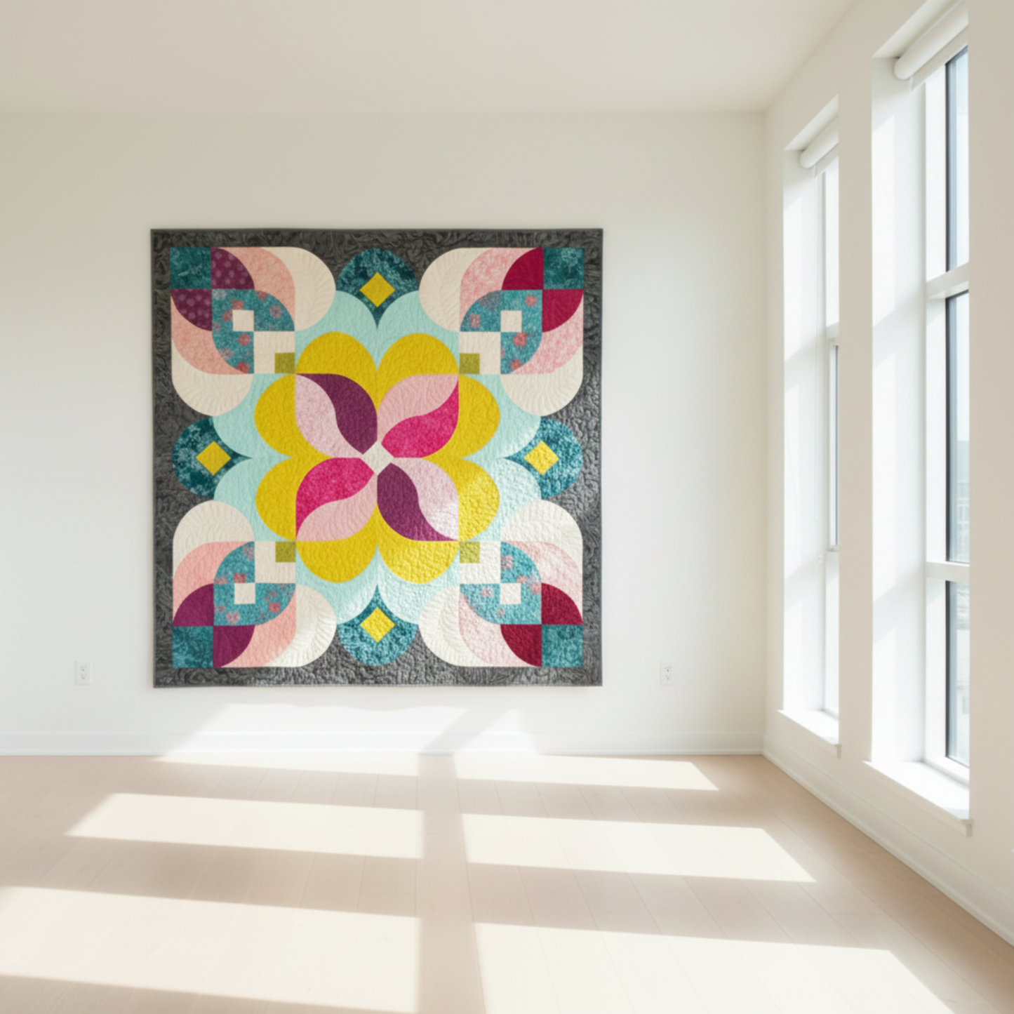 Posh Blossom quilt pattern by Sew Kind of Wonderful made with Expressions Batiks Hand-Dyes Charcoal as background fabric – hand-dyed batik quilting cotton by Riley Blake Designs with jewel-tone batik fabrics – Posh Blossom pattern available at IraRobi Quilts