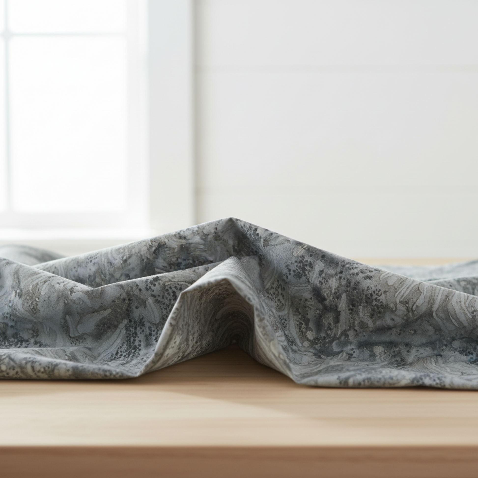 Expressions Batiks Hand-Dyes Charcoal quilting cotton draped over wood surface – deep gray hand-dyed batik blender by Riley Blake Designs with organic tonal swirl texture – available at IraRobi Quilts