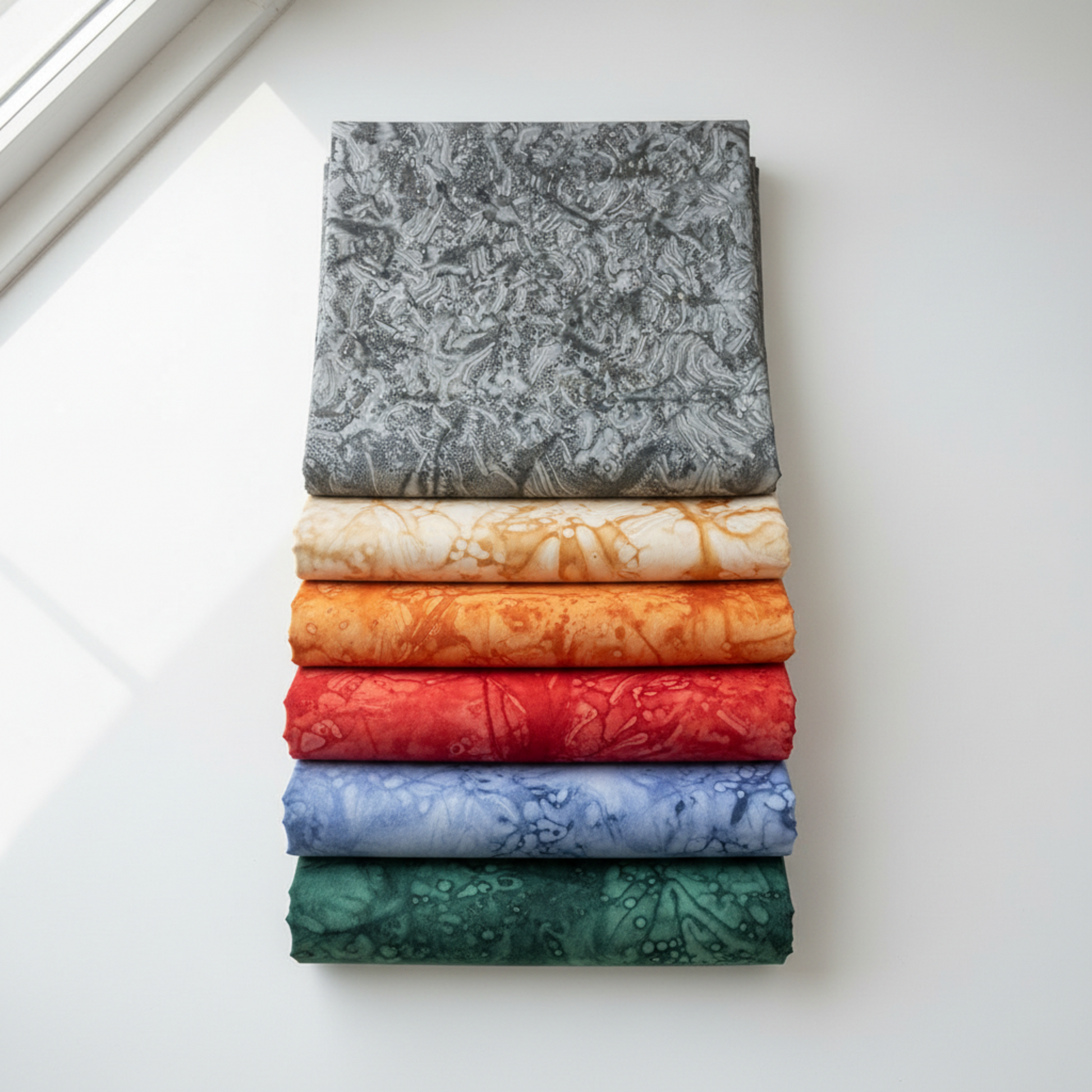 Expressions Batiks Hand-Dyes Charcoal stacked with coordinating Riley Blake batiks in ecru, sunset, tomato red, periwinkle, and evergreen – hand-dyed blender fabric collection available at IraRobi Quilts