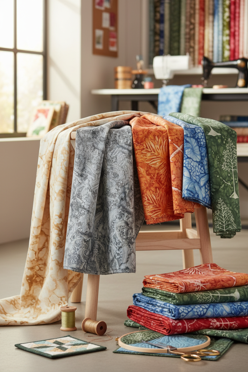 Expressions Batiks Hand-Dyes Charcoal and coordinating batik fabrics in ecru, sunset, tomato red, periwinkle, and evergreen by Riley Blake Designs – hand-dyed quilting cotton blenders available at IraRobi Quilts