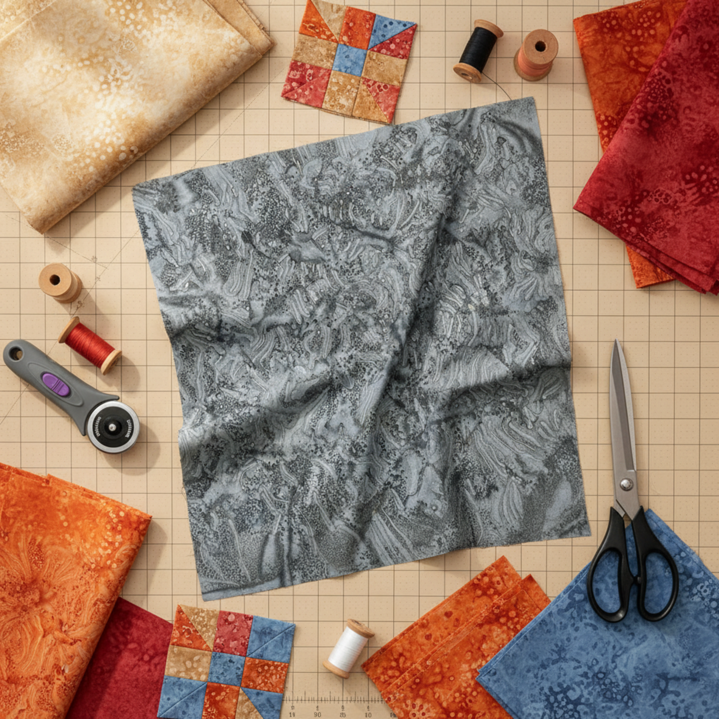 Styled sewing room flat lay with Expressions Batiks Charcoal hand-dyed batik by Riley Blake Designs surrounded by coordinating batik fabrics and quilting notions – available at IraRobi Quilts