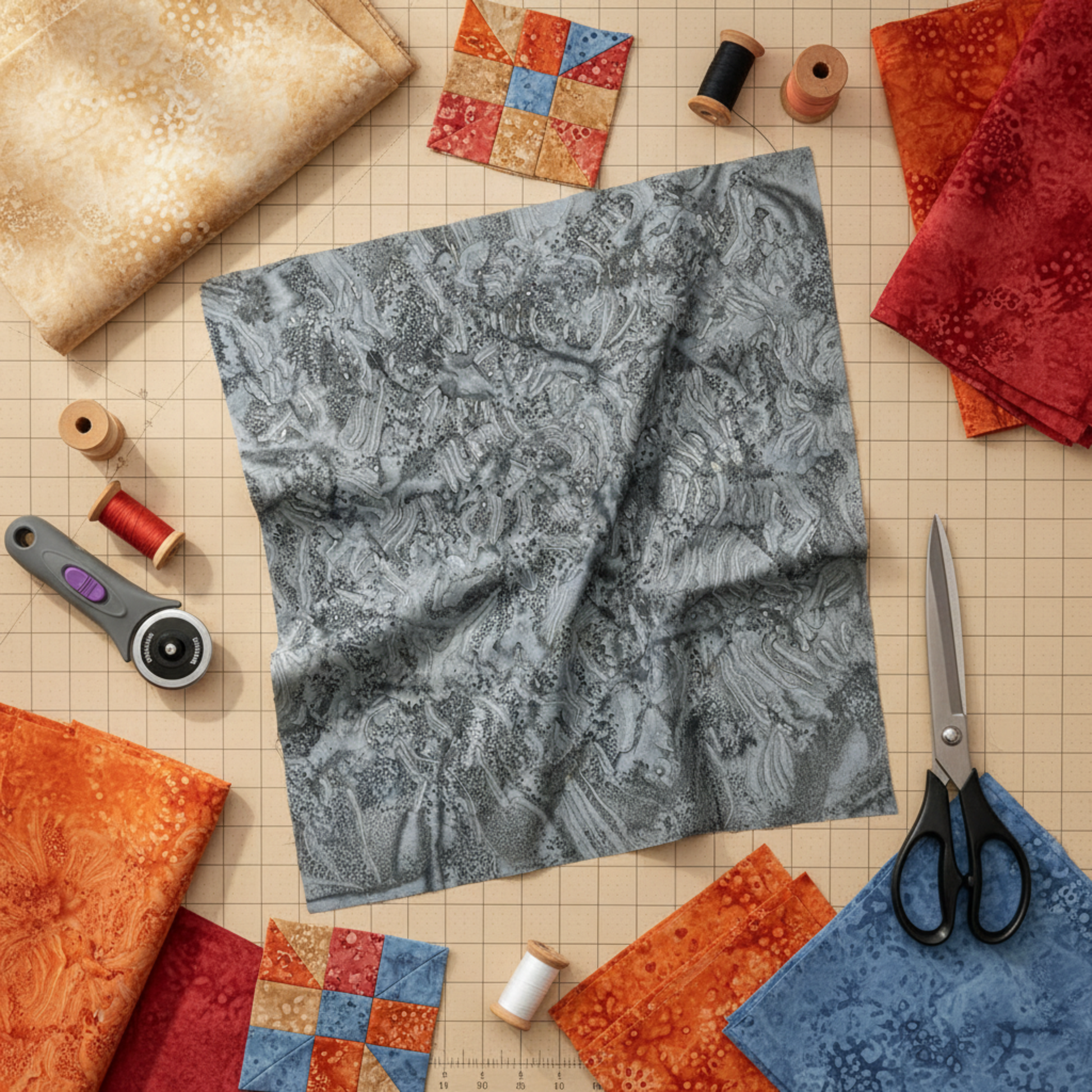 Styled sewing room flat lay with Expressions Batiks Charcoal hand-dyed batik by Riley Blake Designs surrounded by coordinating batik fabrics and quilting notions – available at IraRobi Quilts