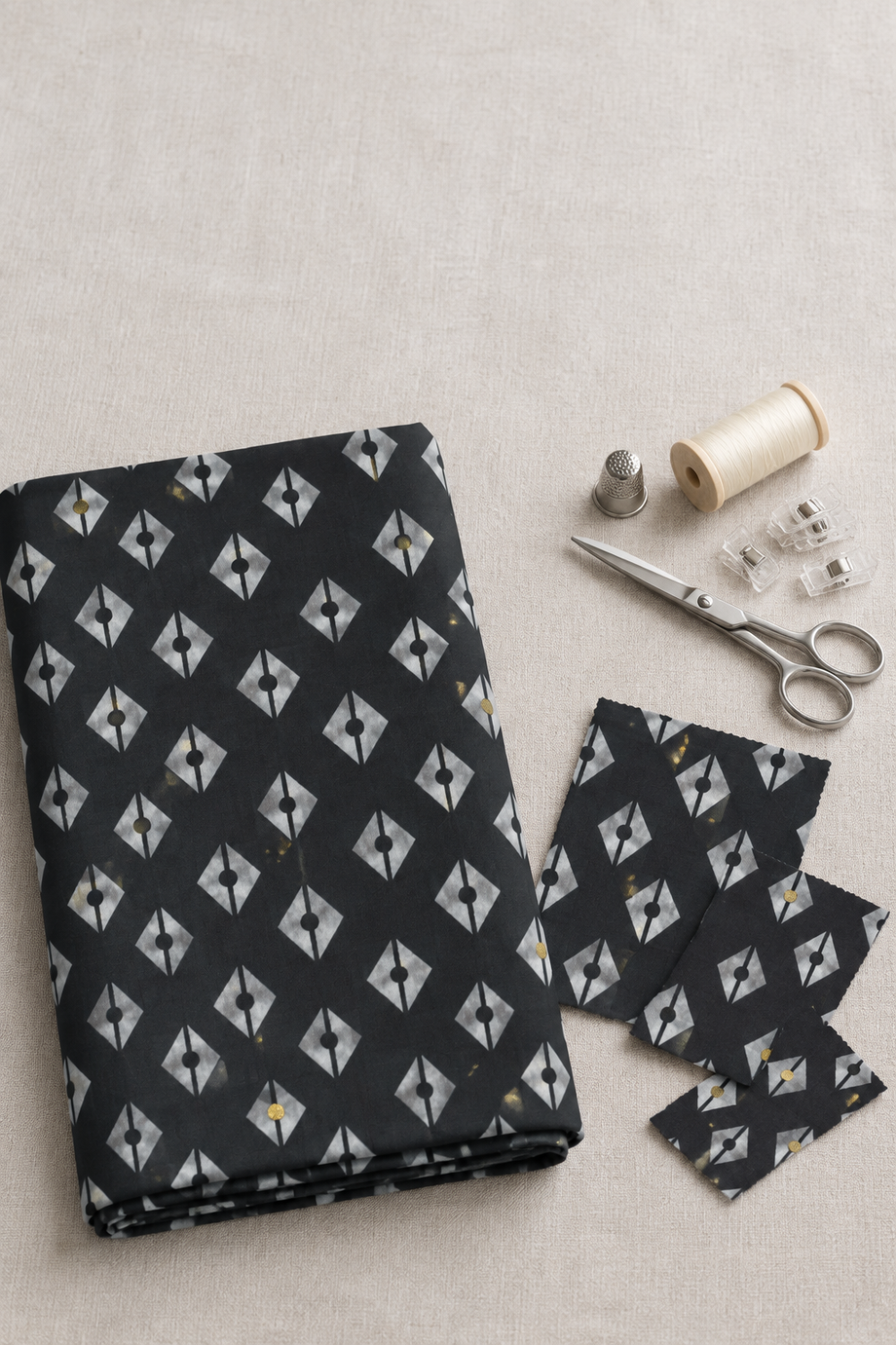 Folded Dance in Paris Lanterns Metallic Charcoal fabric and matching cut remnants on a sewing table beside scissors, thread, clips, and a thimble.