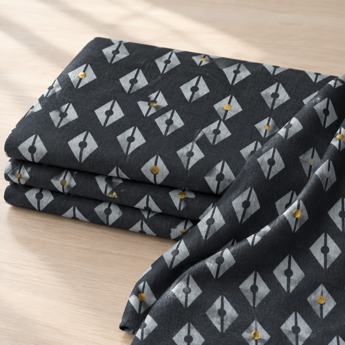Folded Dance in Paris Lanterns Metallic Charcoal fabric on a light table, showing its gray lantern motifs and gold accents.