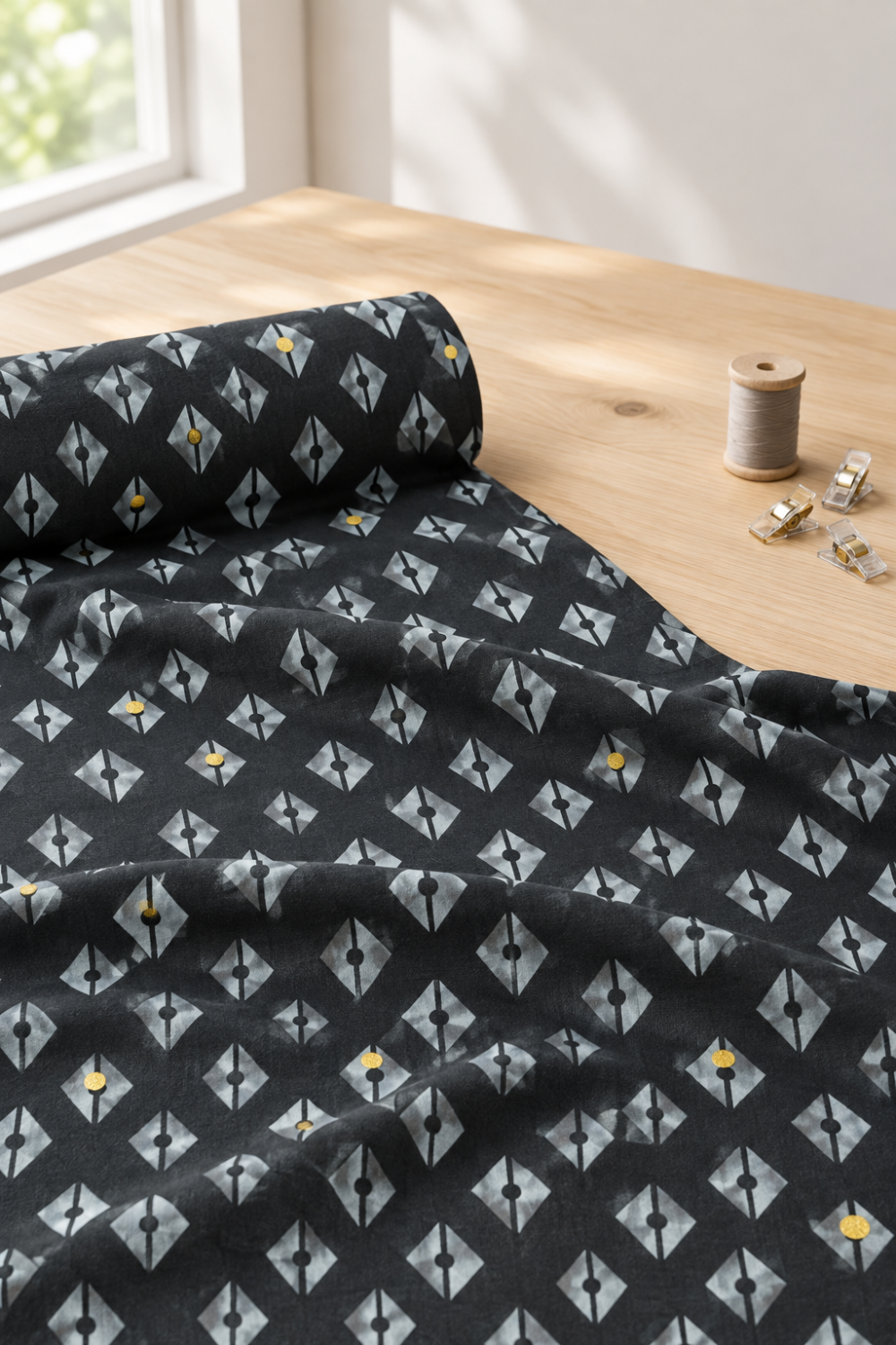 Dance in Paris Lanterns Metallic Charcoal fabric unrolled across a light wood sewing table, showing pale gray diamond motifs and scattered gold accents beside a thread spool and fabric clips.
