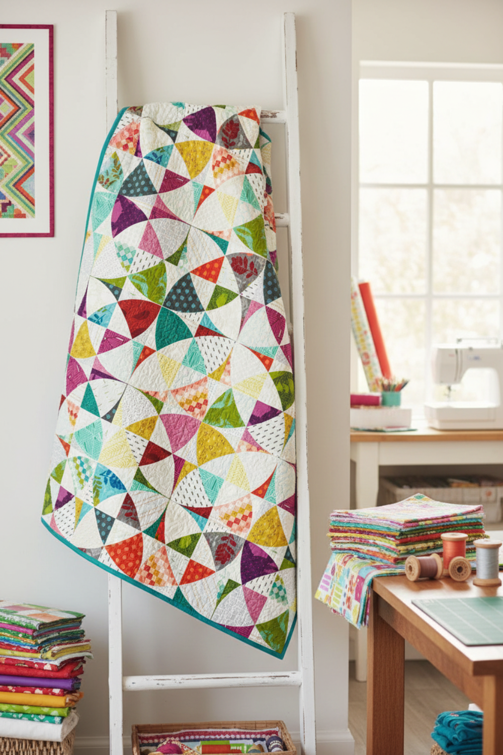 Chic Country quilt pattern by Sew Kind of Wonderful — vibrant scrappy curved pinwheel blocks in multicolor prints on white background with teal binding — 57″×57″ — fat quarter friendly — requires Quick Curve Ruler (QCR) — Shop at IraRobi Quilts — #ChicCountryQuilt #QuickCurveRuler